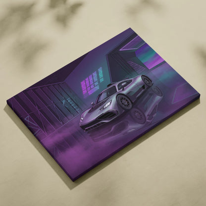 Mercedes-AMG One Inspired Silver Purple Canvas Wall Art, Neon Vaporwave Hypercar Artwork for Modern Garage Decor