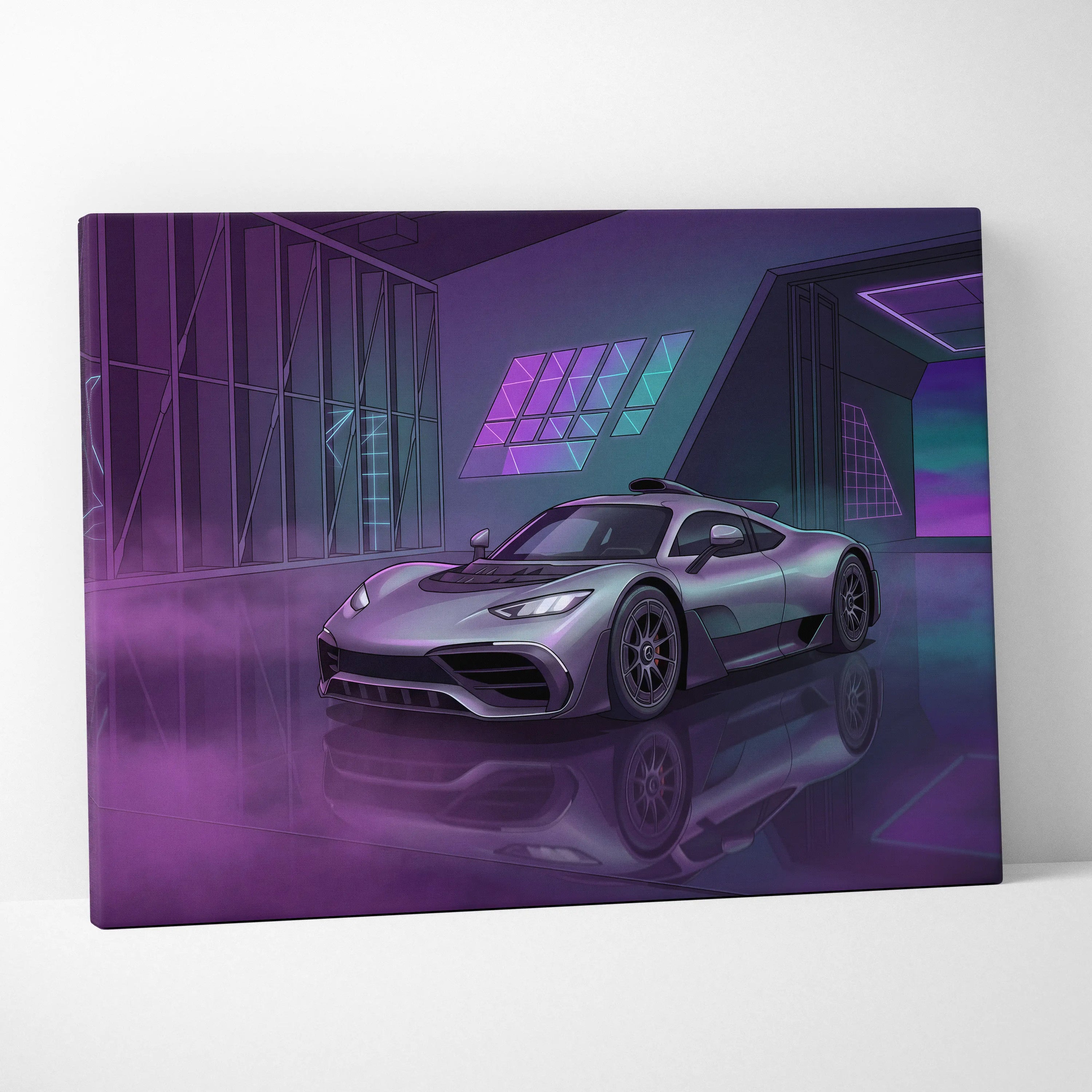 Mercedes-AMG One Inspired Silver Purple Canvas Wall Art, Neon Vaporwave Hypercar Artwork for Modern Garage Decor