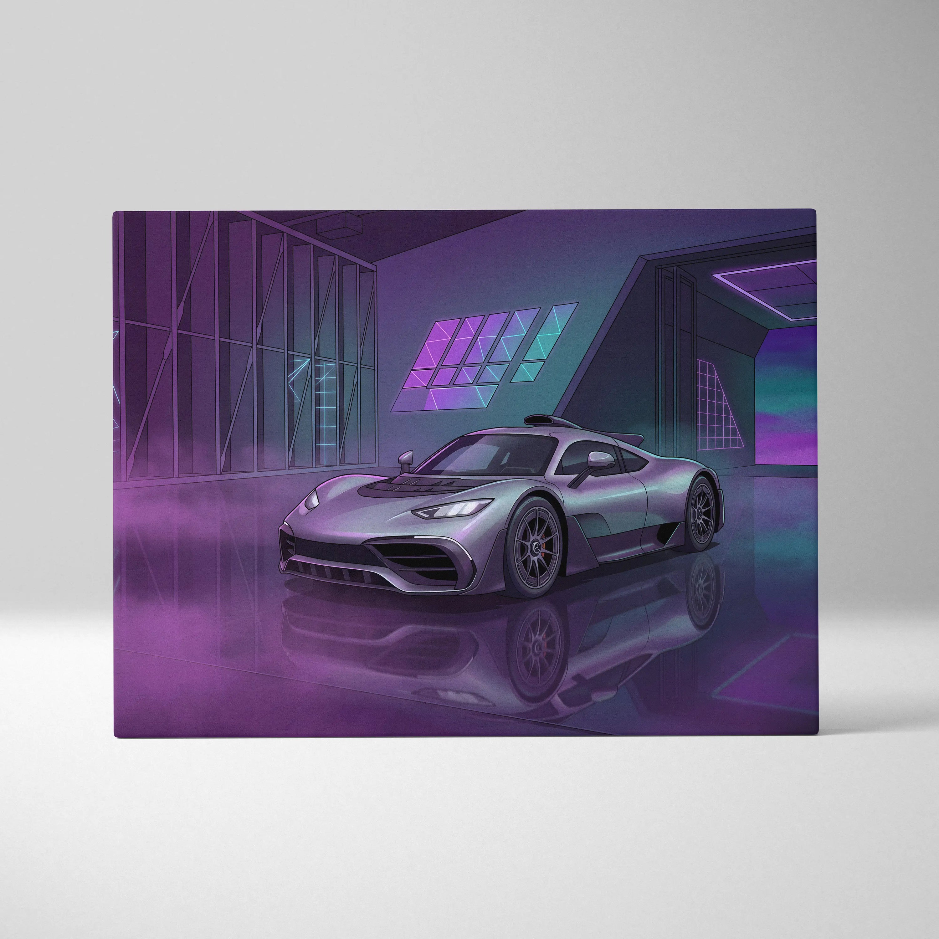 Mercedes-AMG One Inspired Silver Purple Canvas Wall Art, Neon Vaporwave Hypercar Artwork for Modern Garage Decor