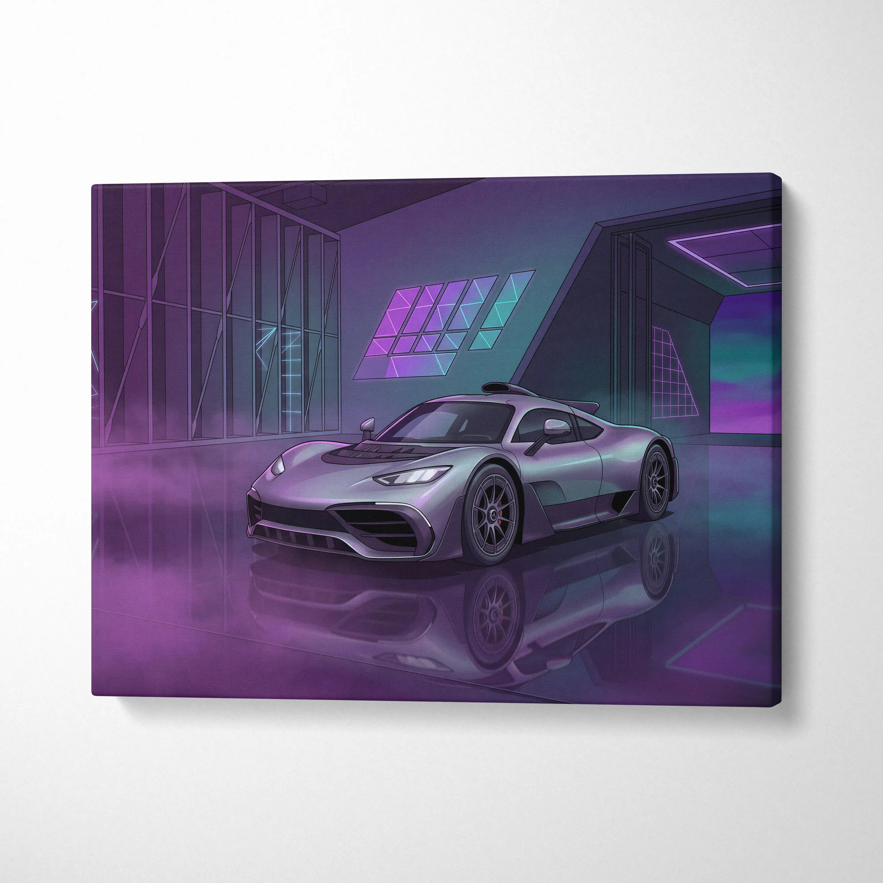 Mercedes-AMG One Inspired Silver Purple Canvas Wall Art, Neon Vaporwave Hypercar Artwork for Modern Garage Decor