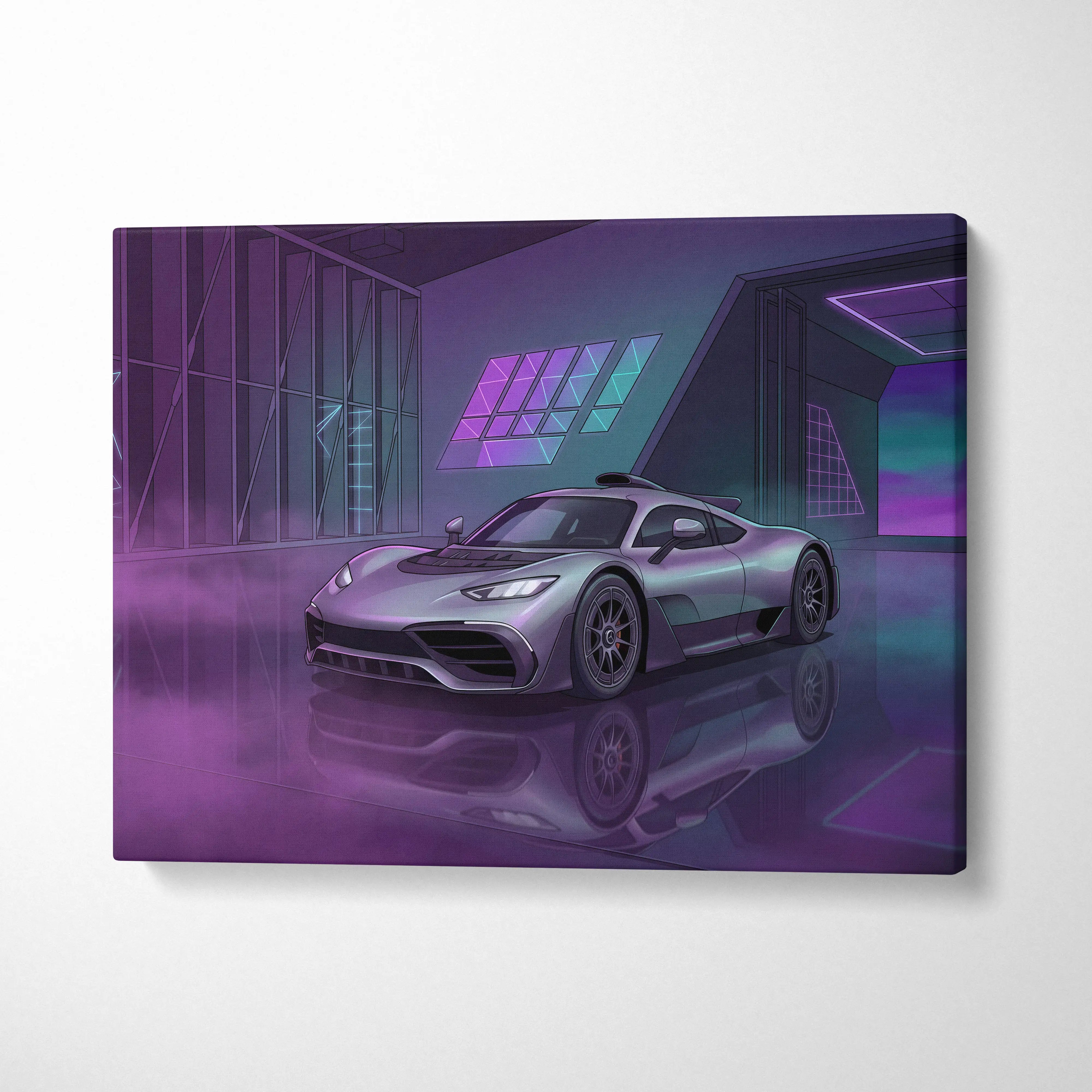 Mercedes-AMG One Inspired Silver Purple Canvas Wall Art, Neon Vaporwave Hypercar Artwork for Modern Garage Decor