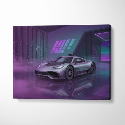 Mercedes-AMG One Inspired Silver Purple Canvas Wall Art, Neon Vaporwave Hypercar Artwork for Modern Garage Decor