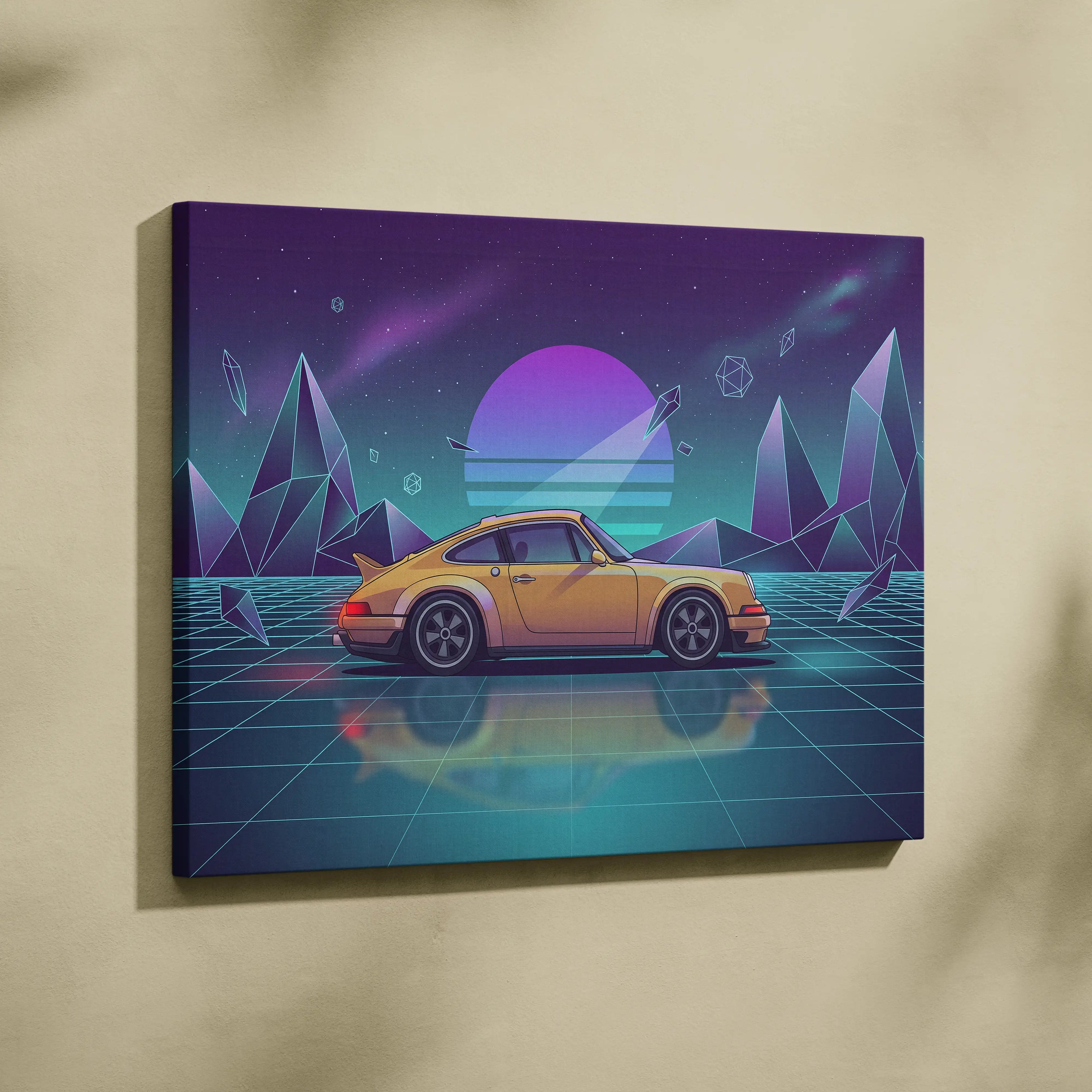 Porsche 911 Carrera Classic Inspired Yellow Teal Canvas Wall Art Vaporwave Neon Grid Classic Sports Car Artwork, Retro Garage Decor