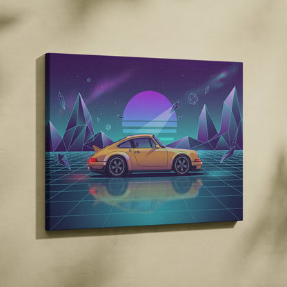 Porsche 911 Carrera Classic Inspired Yellow Teal Canvas Wall Art Vaporwave Neon Grid Classic Sports Car Artwork, Retro Garage Decor