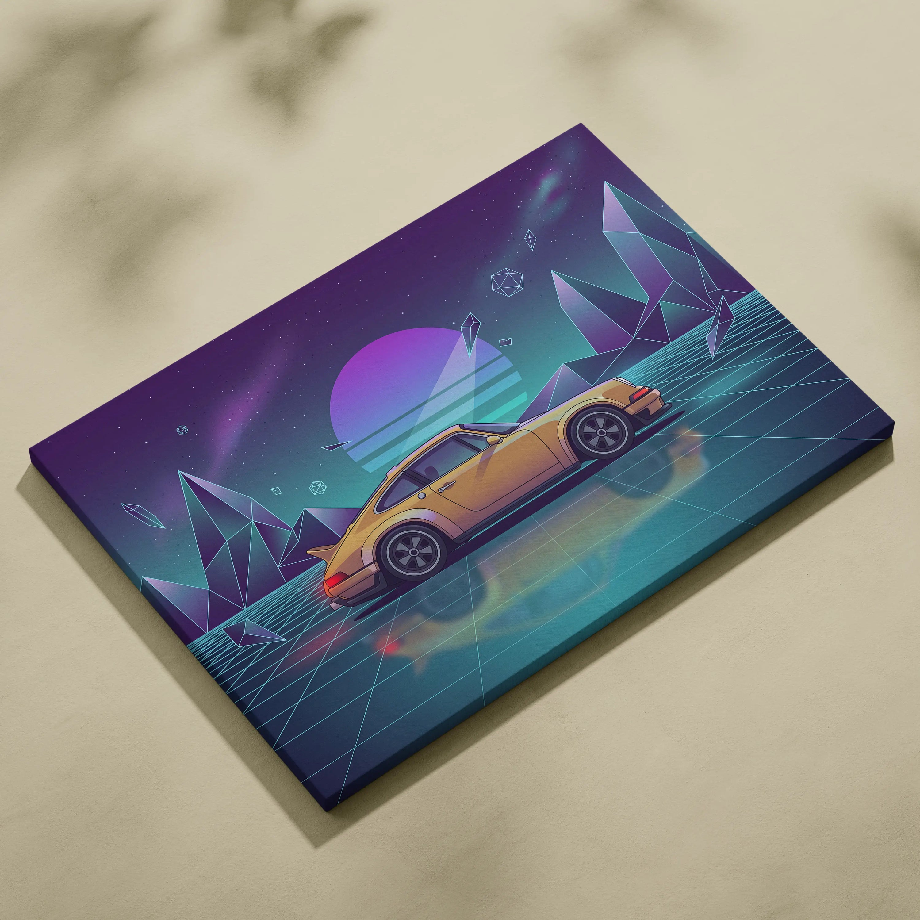Porsche 911 Carrera Classic Inspired Yellow Teal Canvas Wall Art Vaporwave Neon Grid Classic Sports Car Artwork, Retro Garage Decor