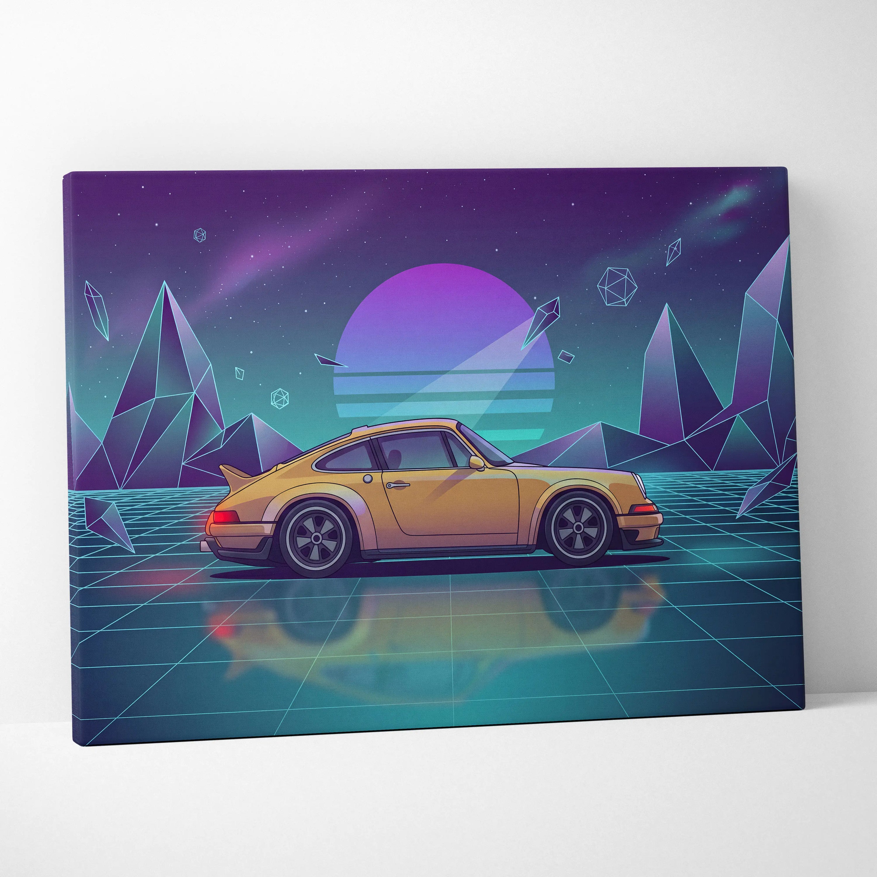 Porsche 911 Carrera Classic Inspired Yellow Teal Canvas Wall Art Vaporwave Neon Grid Classic Sports Car Artwork, Retro Garage Decor