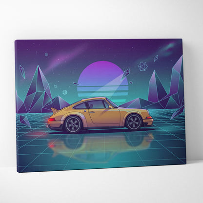 Porsche 911 Carrera Classic Inspired Yellow Teal Canvas Wall Art Vaporwave Neon Grid Classic Sports Car Artwork, Retro Garage Decor