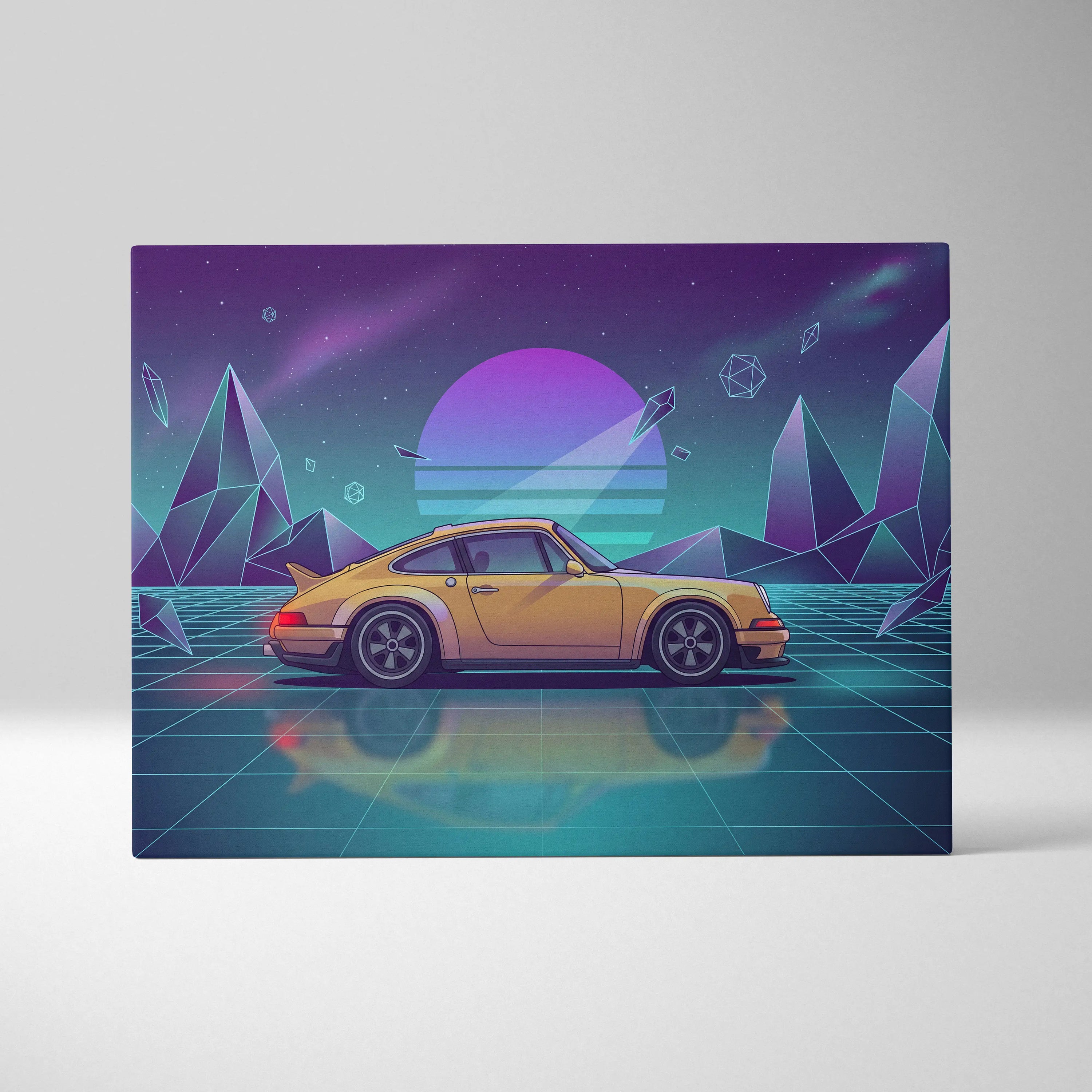 Porsche 911 Carrera Classic Inspired Yellow Teal Canvas Wall Art Vaporwave Neon Grid Classic Sports Car Artwork, Retro Garage Decor