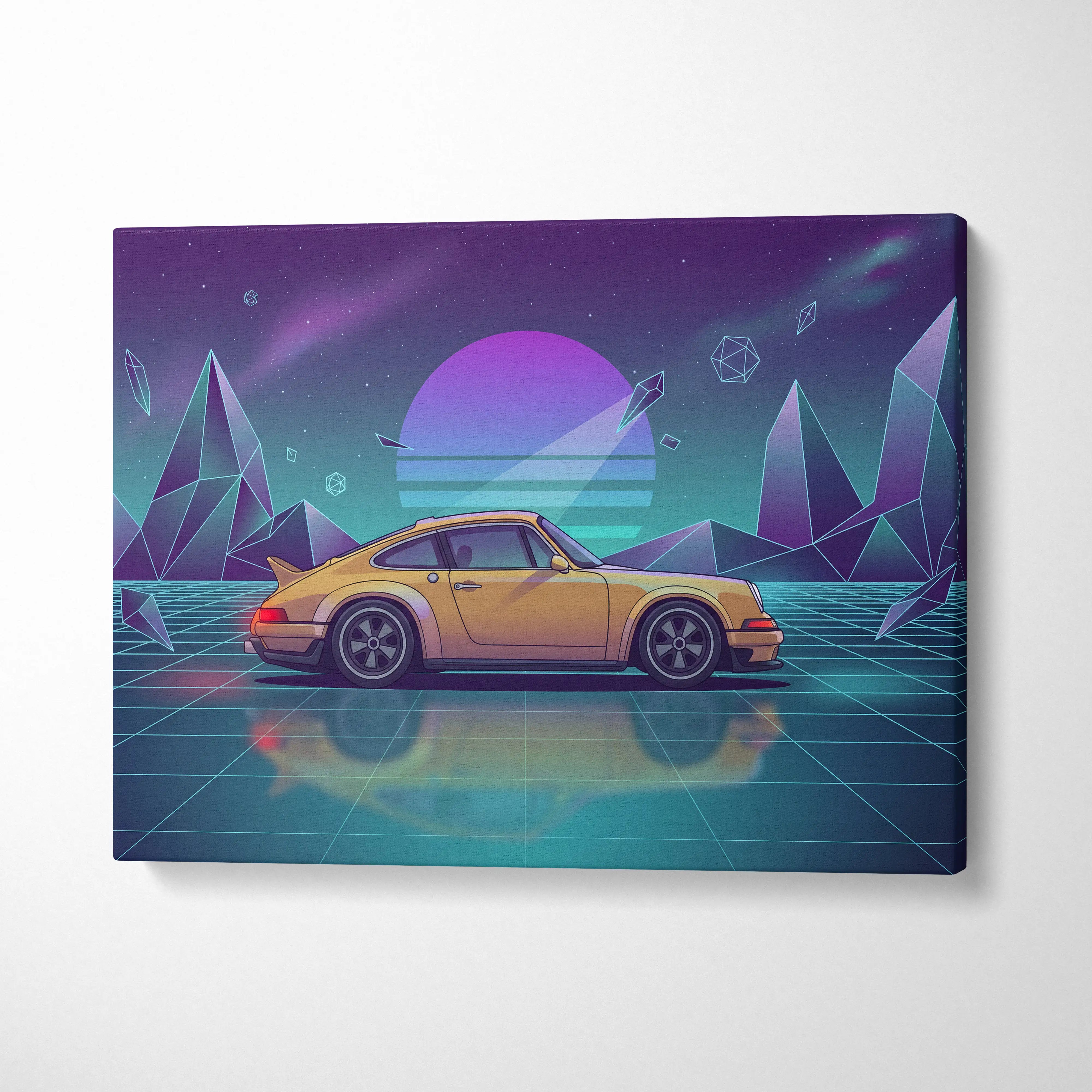 Porsche 911 Carrera Classic Inspired Yellow Teal Canvas Wall Art Vaporwave Neon Grid Classic Sports Car Artwork, Retro Garage Decor