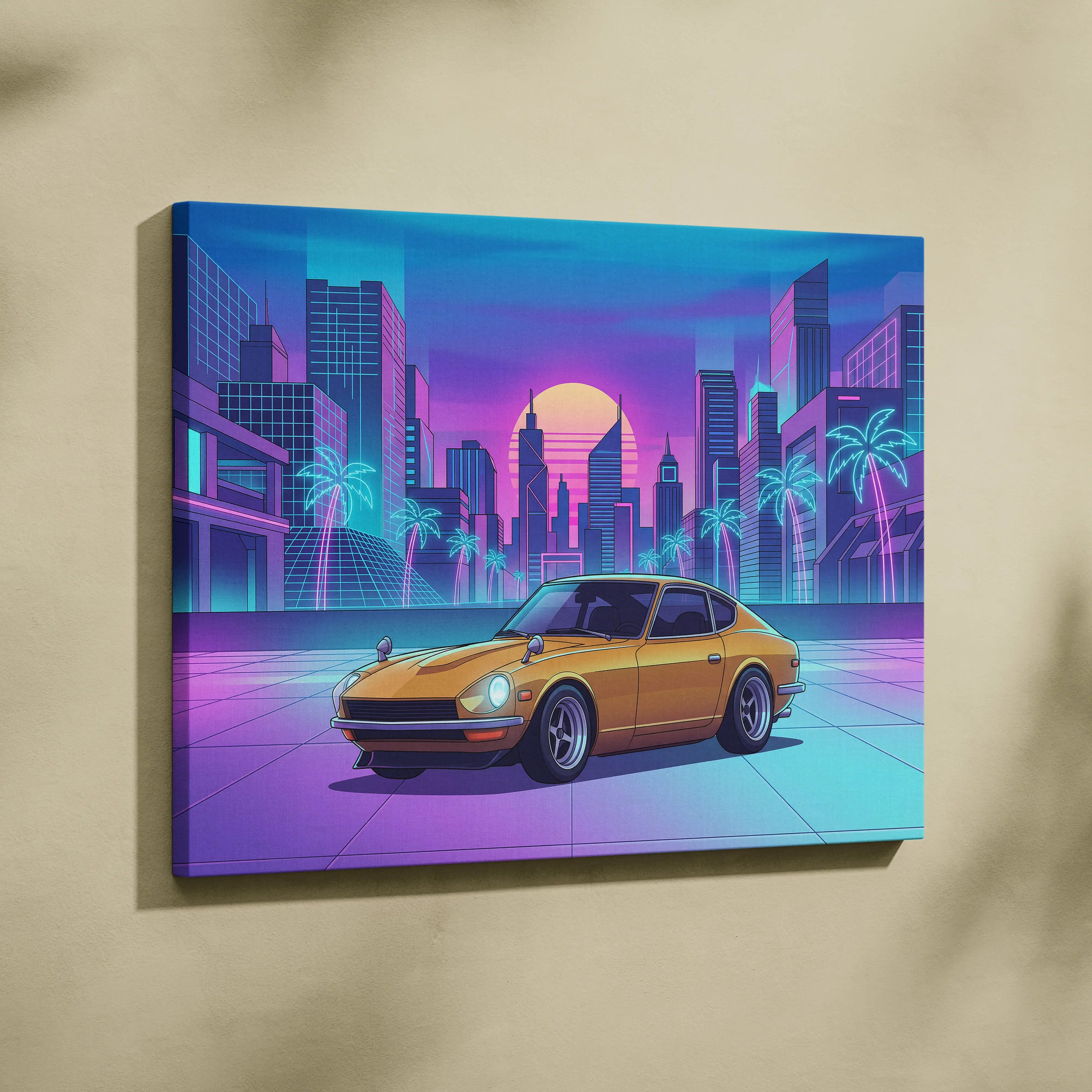 Datsun 240Z Inspired Gold Purple Canvas Wall Art, Neon Vaporwave JDM Classic Sports Car Artwork for Retro Garage Decor