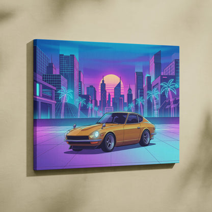 Datsun 240Z Inspired Gold Purple Canvas Wall Art, Neon Vaporwave JDM Classic Sports Car Artwork for Retro Garage Decor