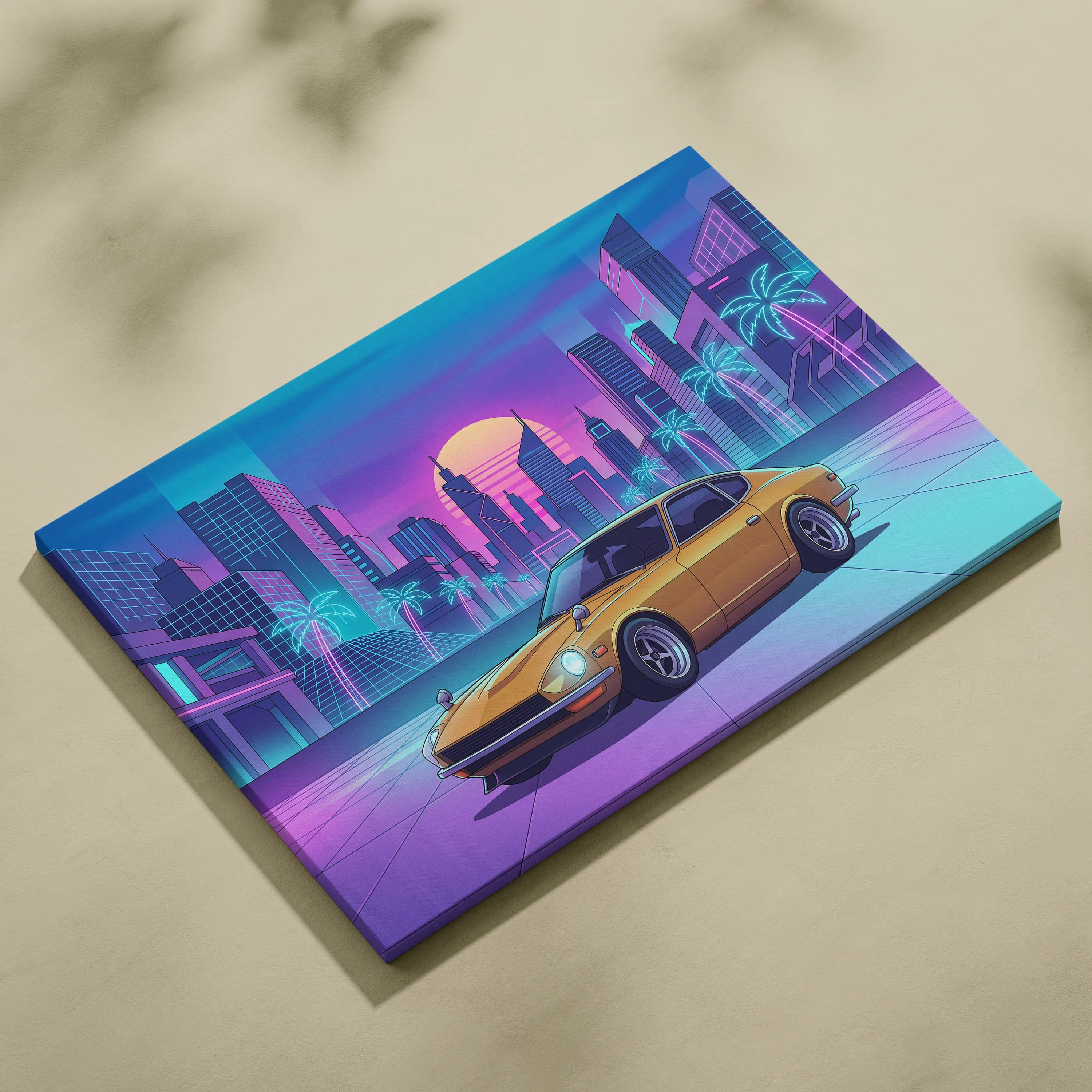 Datsun 240Z Inspired Gold Purple Canvas Wall Art, Neon Vaporwave JDM Classic Sports Car Artwork for Retro Garage Decor