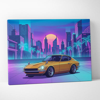 Datsun 240Z Inspired Gold Purple Canvas Wall Art, Neon Vaporwave JDM Classic Sports Car Artwork for Retro Garage Decor