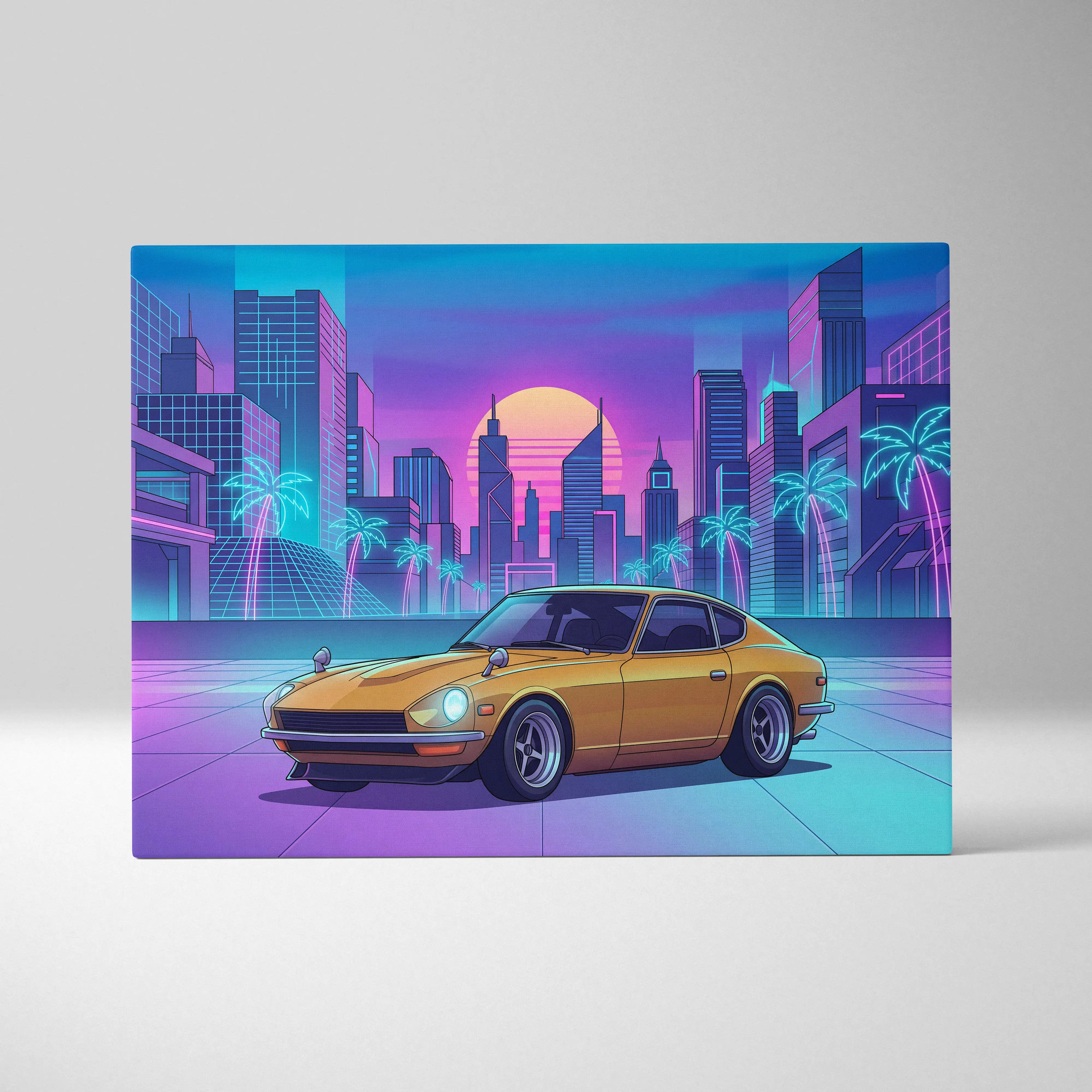 Datsun 240Z Inspired Gold Purple Canvas Wall Art, Neon Vaporwave JDM Classic Sports Car Artwork for Retro Garage Decor