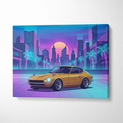 Datsun 240Z Inspired Gold Purple Canvas Wall Art, Neon Vaporwave JDM Classic Sports Car Artwork for Retro Garage Decor