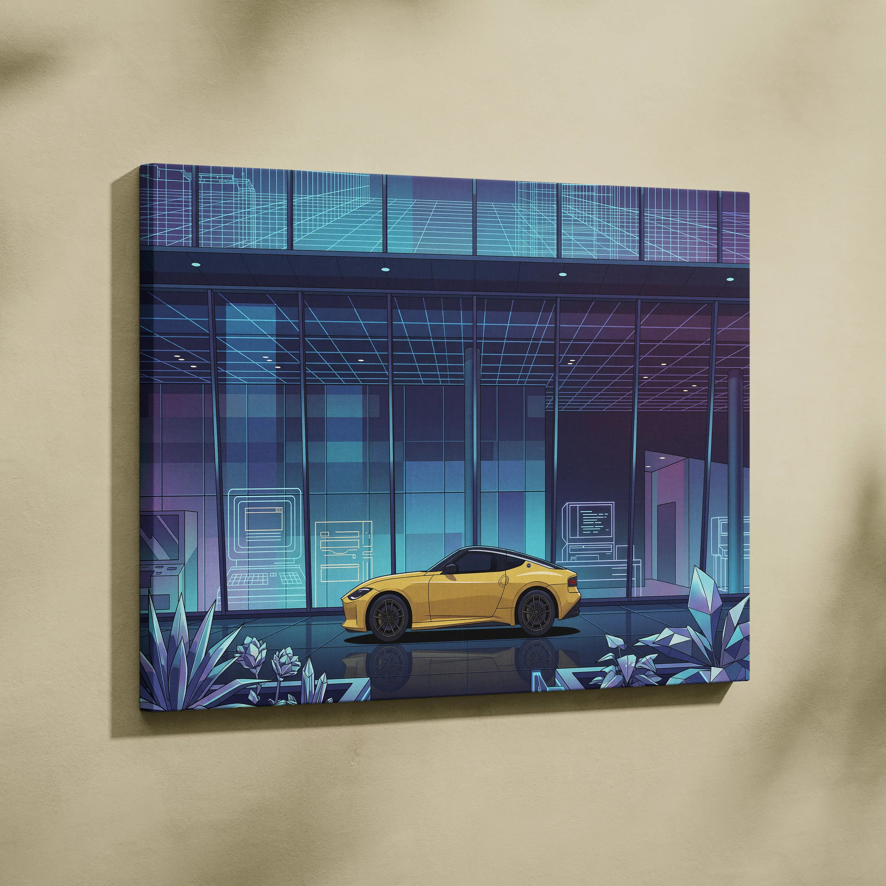 Nissan Z Inspired Yellow Blue Canvas Wall Art Vaporwave Sports Car Artwork Neon Cyberpunk Garage Decor Futuristic City JDM Print