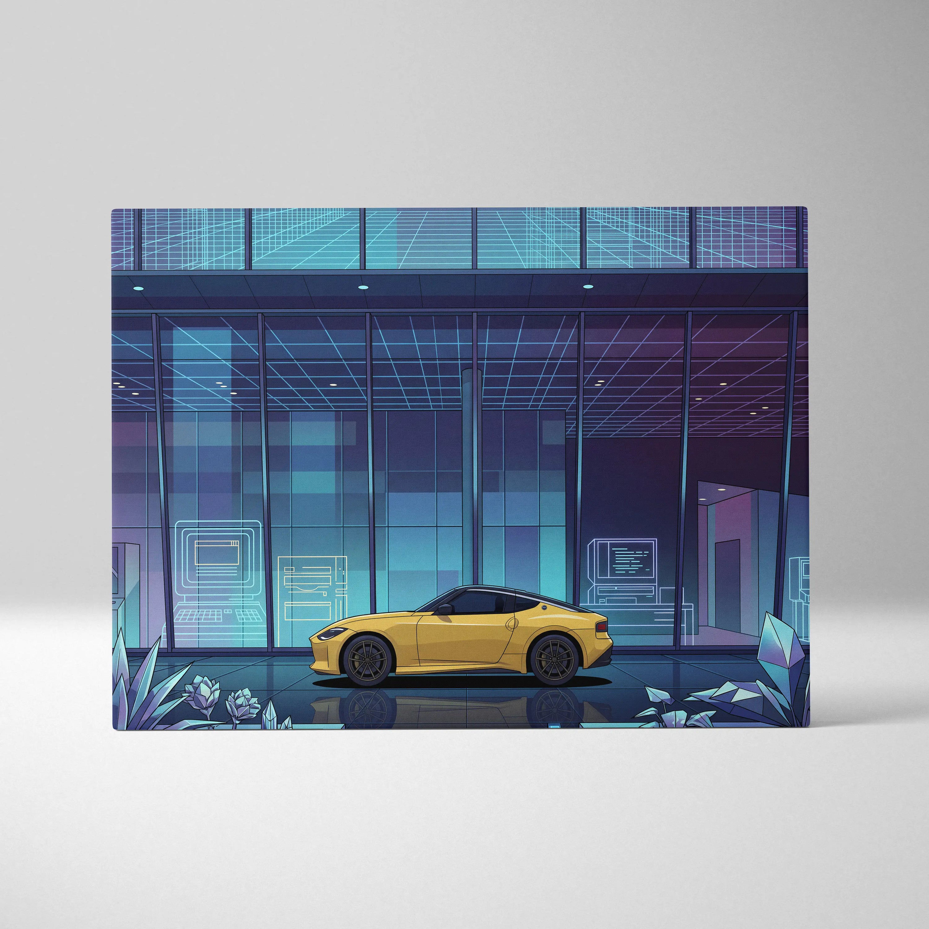 Nissan Z Inspired Yellow Blue Canvas Wall Art Vaporwave Sports Car Artwork Neon Cyberpunk Garage Decor Futuristic City JDM Print
