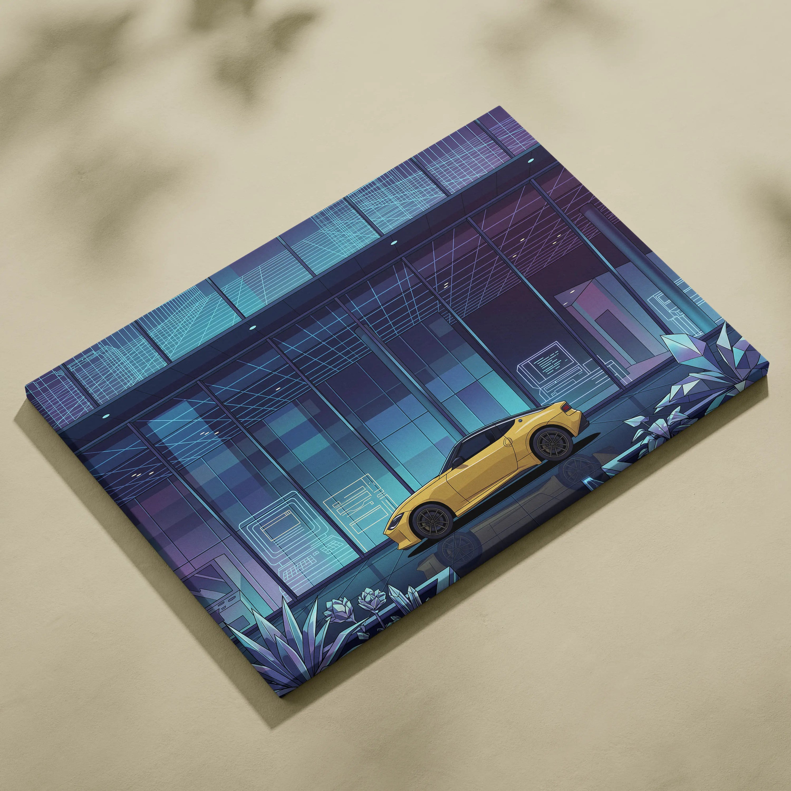 Nissan Z Inspired Yellow Blue Canvas Wall Art Vaporwave Sports Car Artwork Neon Cyberpunk Garage Decor Futuristic City JDM Print