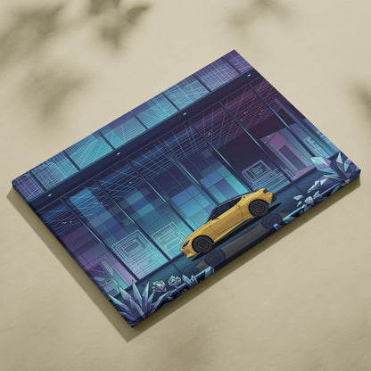 Nissan Z Inspired Yellow Blue Canvas Wall Art Vaporwave Sports Car Artwork Neon Cyberpunk Garage Decor Futuristic City JDM Print
