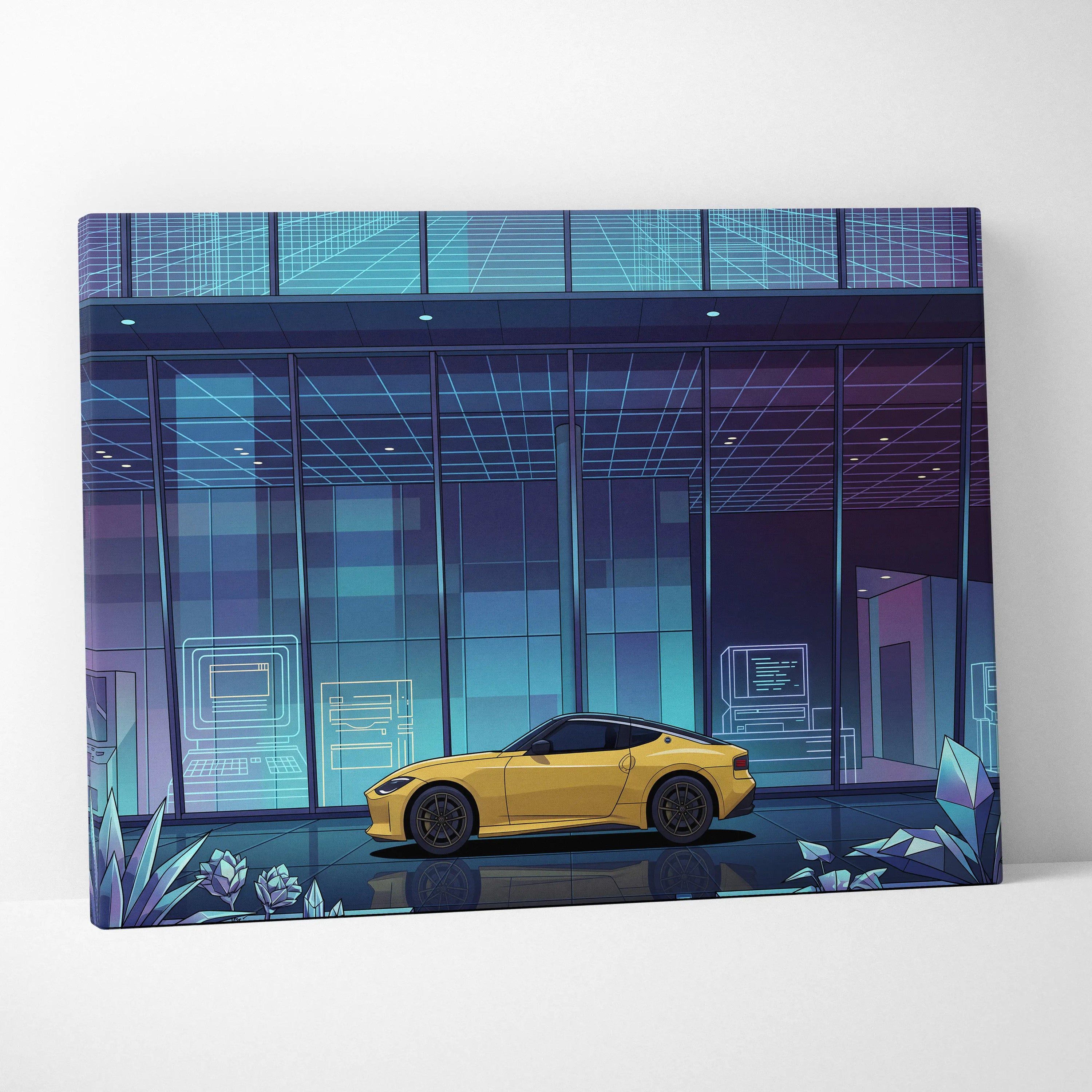 Nissan Z Inspired Yellow Blue Canvas Wall Art Vaporwave Sports Car Artwork Neon Cyberpunk Garage Decor Futuristic City JDM Print