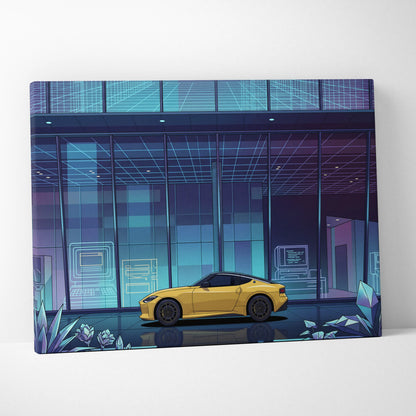 Nissan Z Inspired Yellow Blue Canvas Wall Art Vaporwave Sports Car Artwork Neon Cyberpunk Garage Decor Futuristic City JDM Print