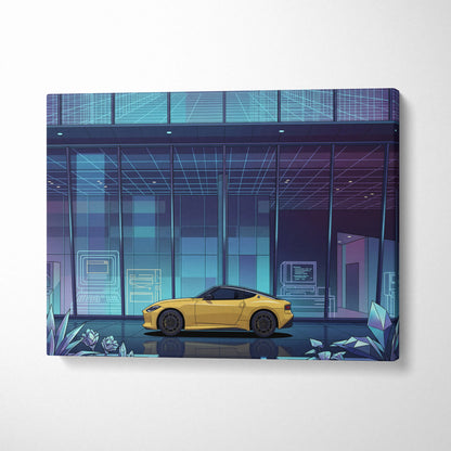 Nissan Z Inspired Yellow Blue Canvas Wall Art Vaporwave Sports Car Artwork Neon Cyberpunk Garage Decor Futuristic City JDM Print