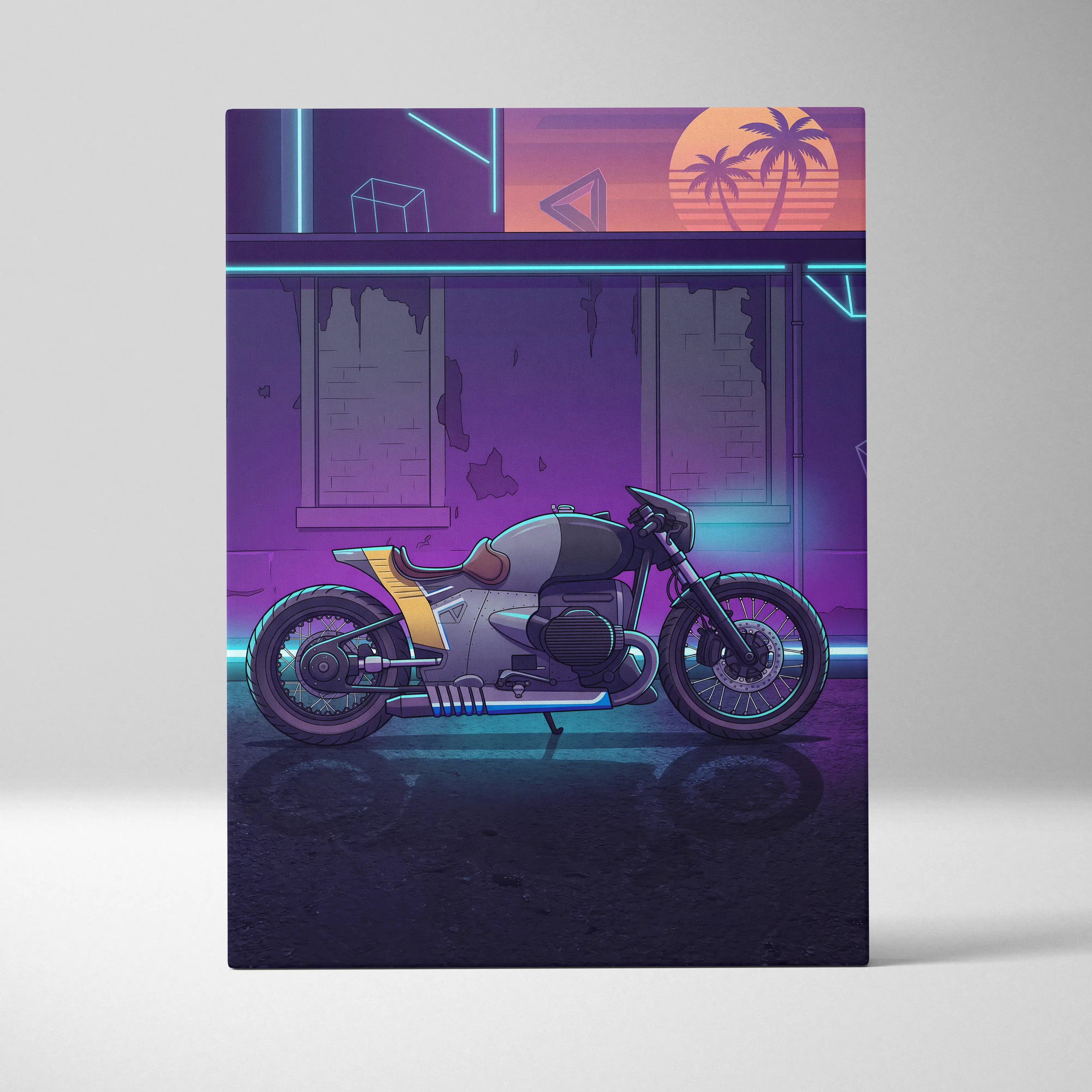 Custom BMW R nineT Inspired Gray Purple Motorcycle Canvas Wall Art Vaporwave Neon Cafe Racer Artwork for Garage Decor Retro Futuristic Print