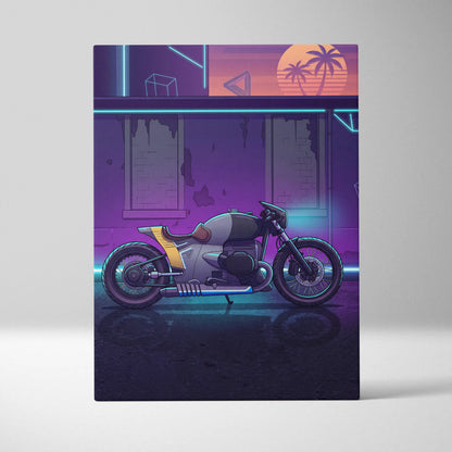 Custom BMW R nineT Inspired Gray Purple Motorcycle Canvas Wall Art Vaporwave Neon Cafe Racer Artwork for Garage Decor Retro Futuristic Print