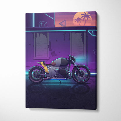 Custom BMW R nineT Inspired Gray Purple Motorcycle Canvas Wall Art Vaporwave Neon Cafe Racer Artwork for Garage Decor Retro Futuristic Print