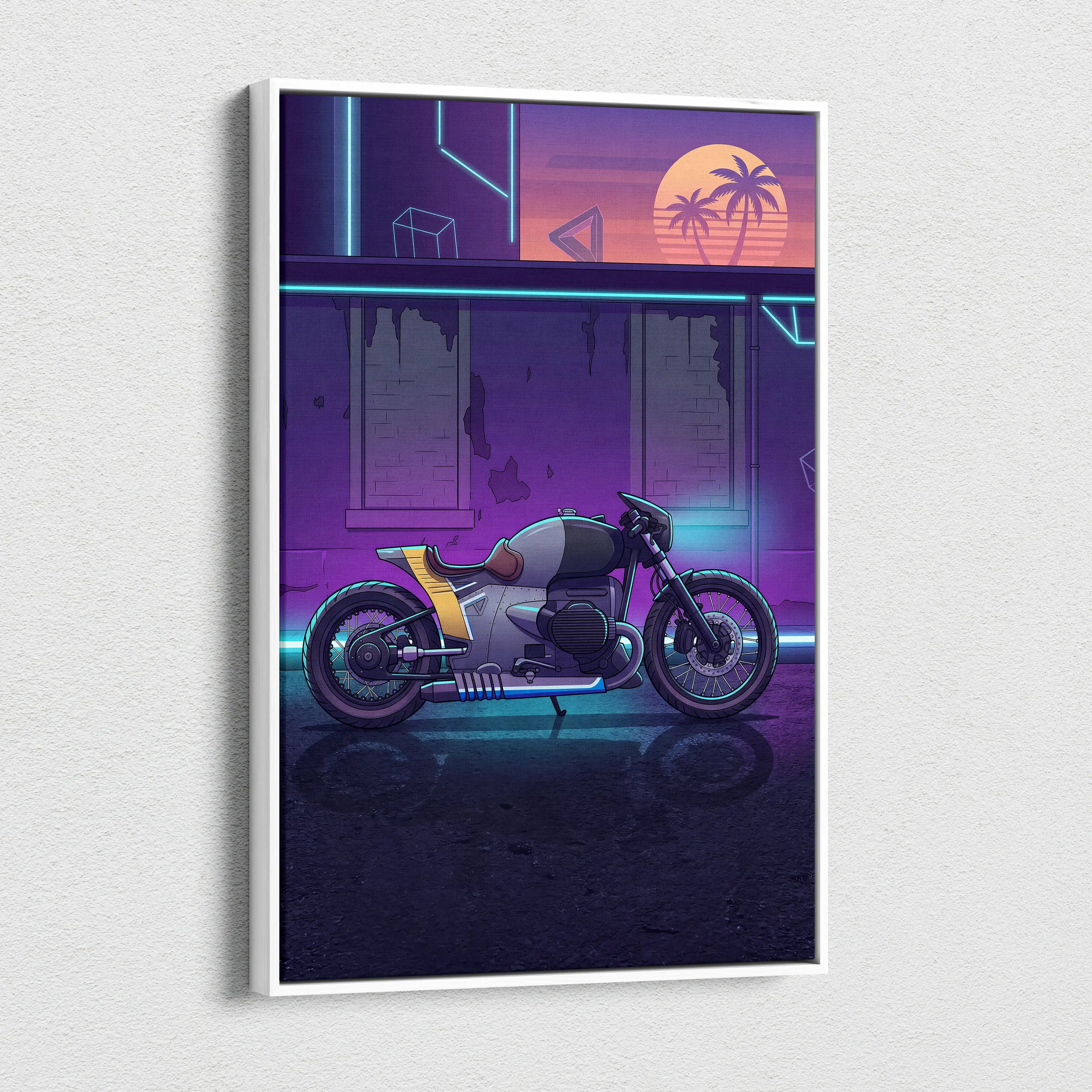 Custom BMW R nineT Inspired Gray Purple Motorcycle Canvas Wall Art Vaporwave Neon Cafe Racer Artwork for Garage Decor Retro Futuristic Print