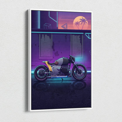 Custom BMW R nineT Inspired Gray Purple Motorcycle Canvas Wall Art Vaporwave Neon Cafe Racer Artwork for Garage Decor Retro Futuristic Print