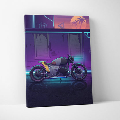 Custom BMW R nineT Inspired Gray Purple Motorcycle Canvas Wall Art Vaporwave Neon Cafe Racer Artwork for Garage Decor Retro Futuristic Print
