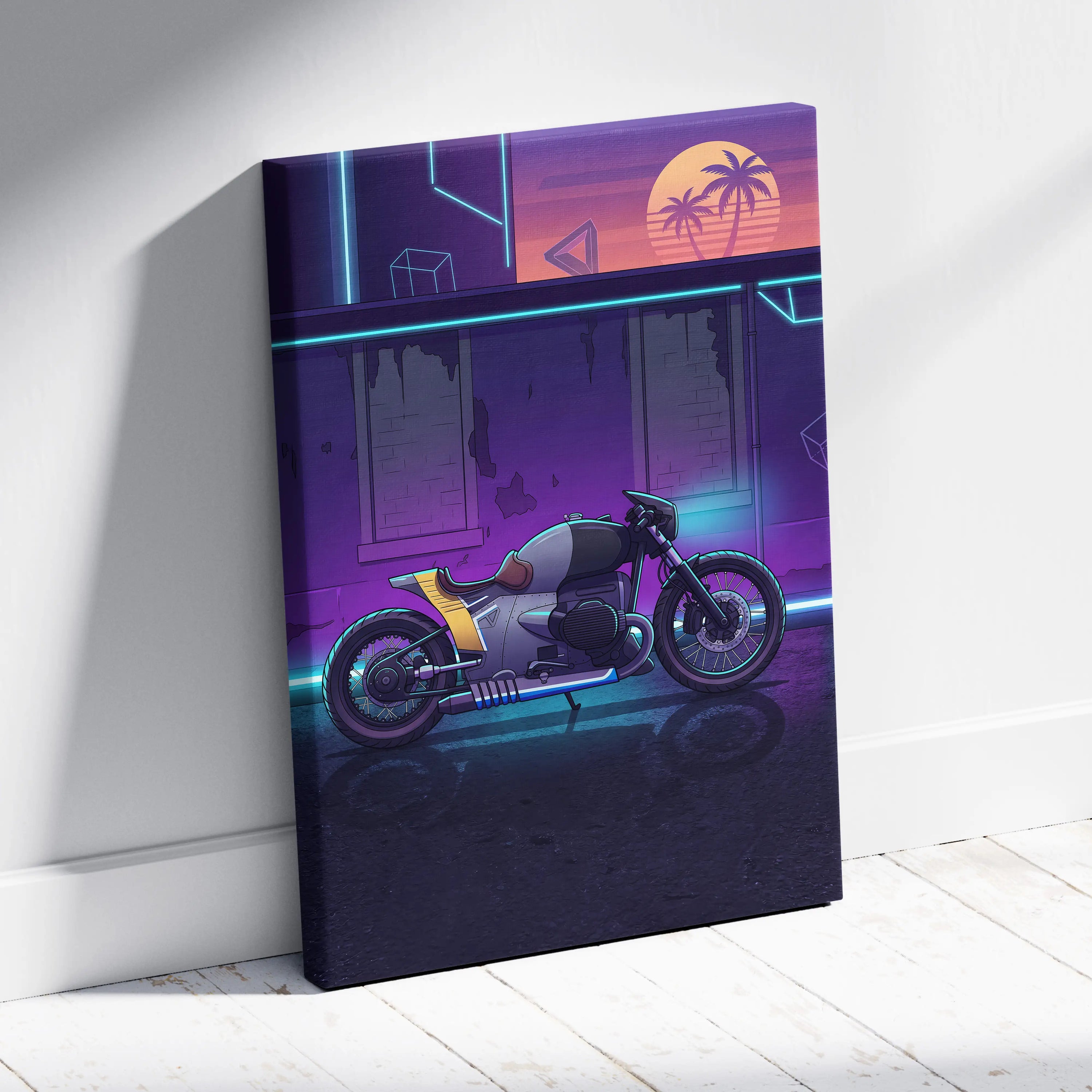 Custom BMW R nineT Inspired Gray Purple Motorcycle Canvas Wall Art Vaporwave Neon Cafe Racer Artwork for Garage Decor Retro Futuristic Print