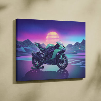 Kawasaki Ninja ZX-6R Inspired Green Purple Vaporwave Motorcycle Canvas Wall Art Neon Track Sportbike Artwork Retro Futuristic Garage Decor