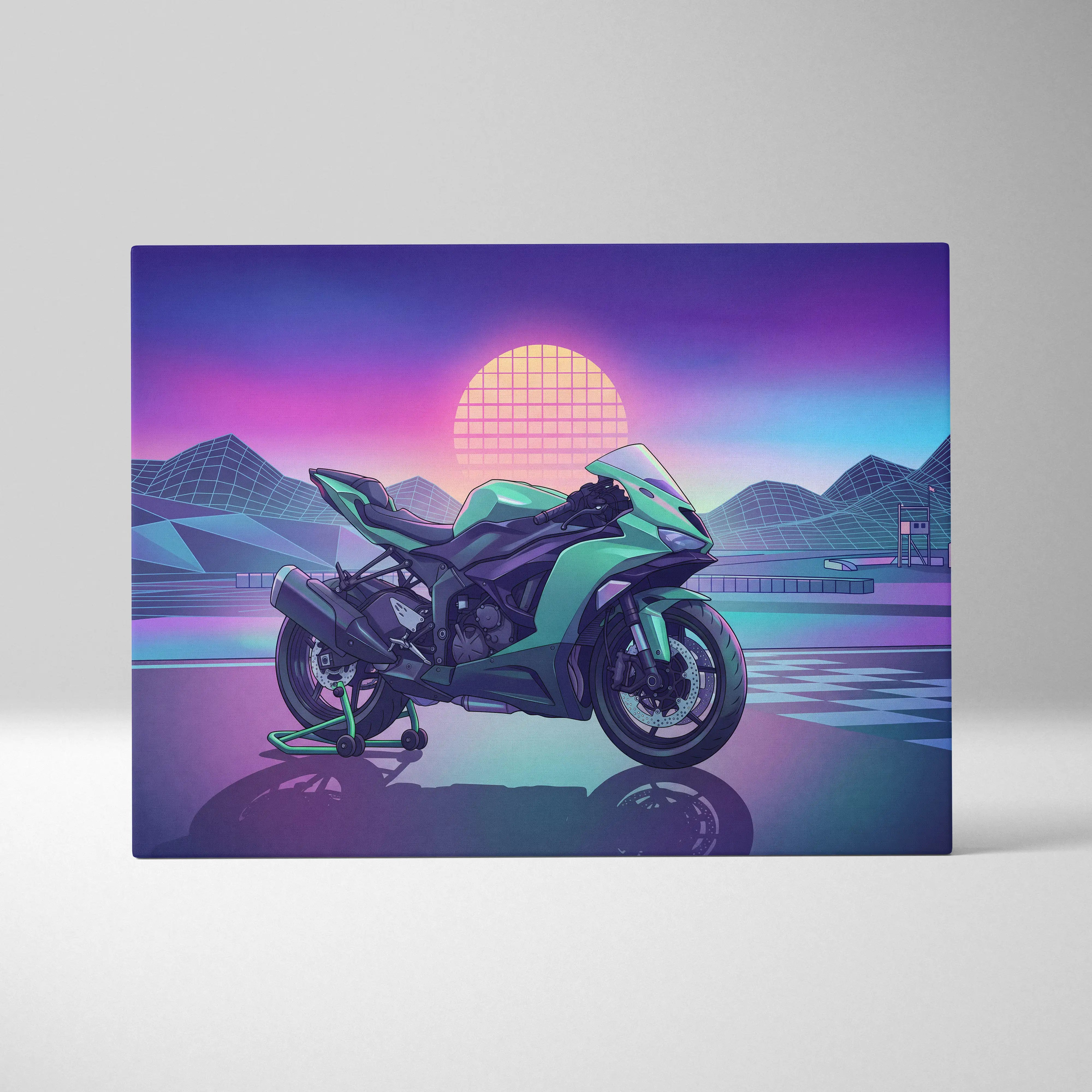 Kawasaki Ninja ZX-6R Inspired Green Purple Vaporwave Motorcycle Canvas Wall Art Neon Track Sportbike Artwork Retro Futuristic Garage Decor
