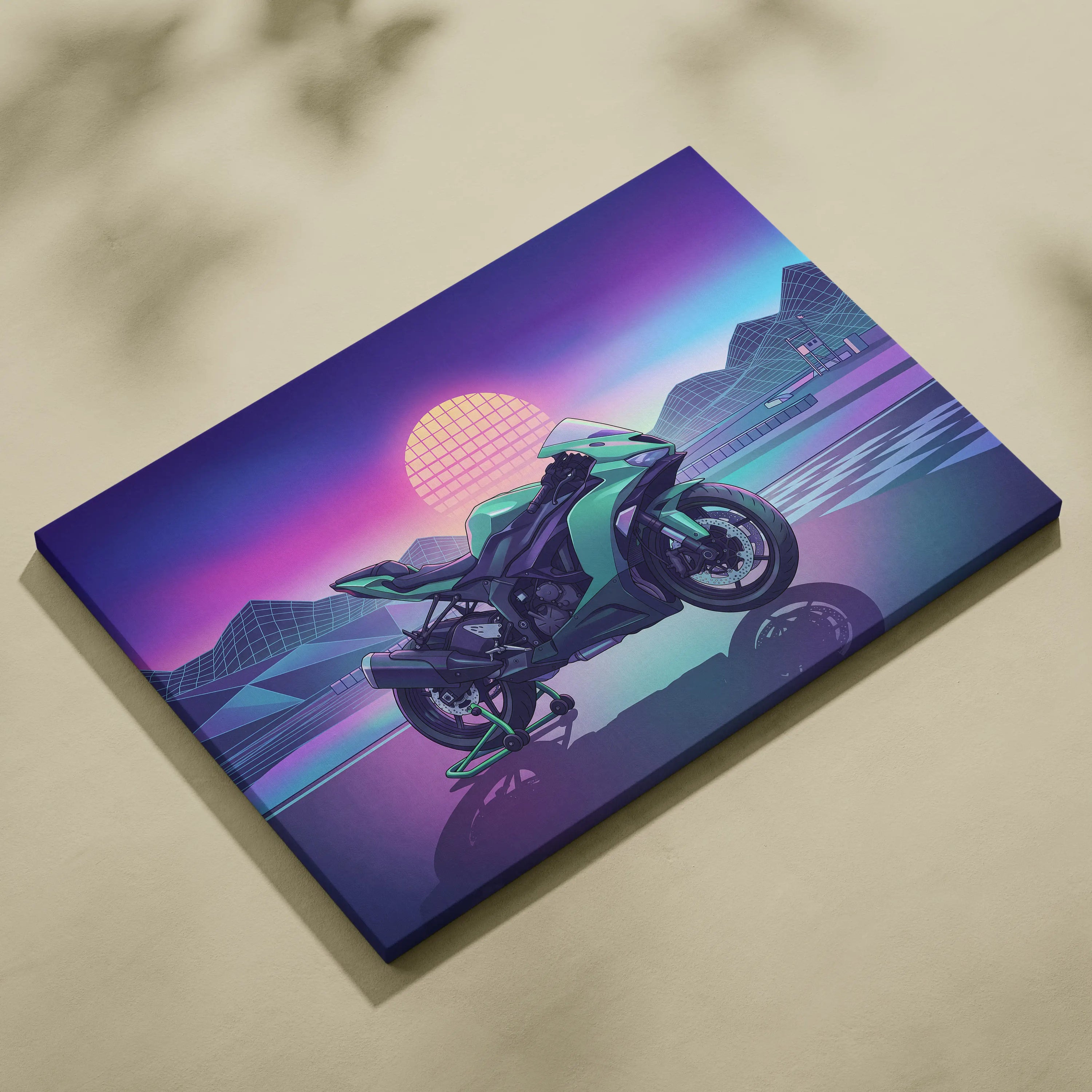 Kawasaki Ninja ZX-6R Inspired Green Purple Vaporwave Motorcycle Canvas Wall Art Neon Track Sportbike Artwork Retro Futuristic Garage Decor