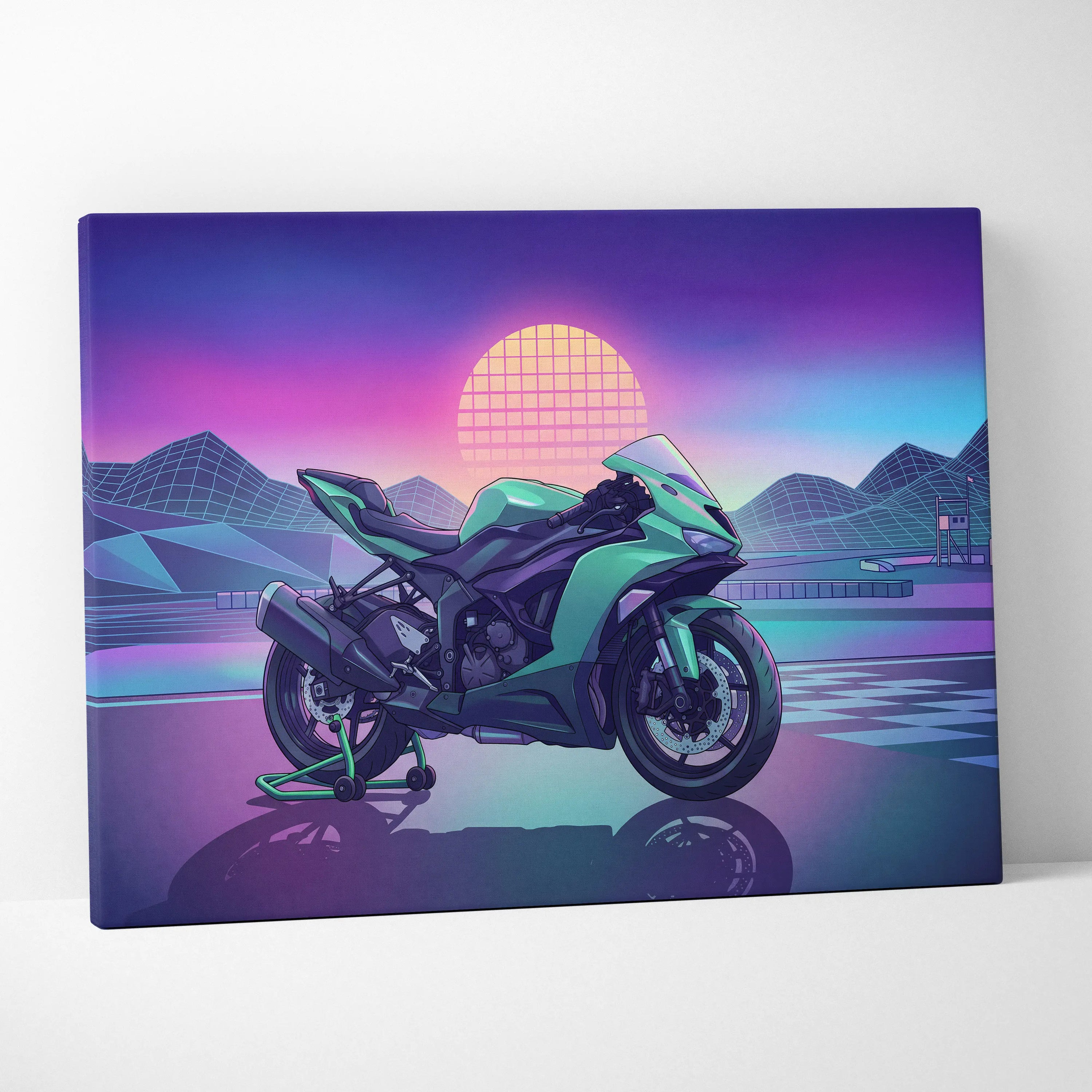 Kawasaki Ninja ZX-6R Inspired Green Purple Vaporwave Motorcycle Canvas Wall Art Neon Track Sportbike Artwork Retro Futuristic Garage Decor