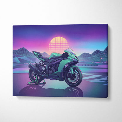 Kawasaki Ninja ZX-6R Inspired Green Purple Vaporwave Motorcycle Canvas Wall Art Neon Track Sportbike Artwork Retro Futuristic Garage Decor