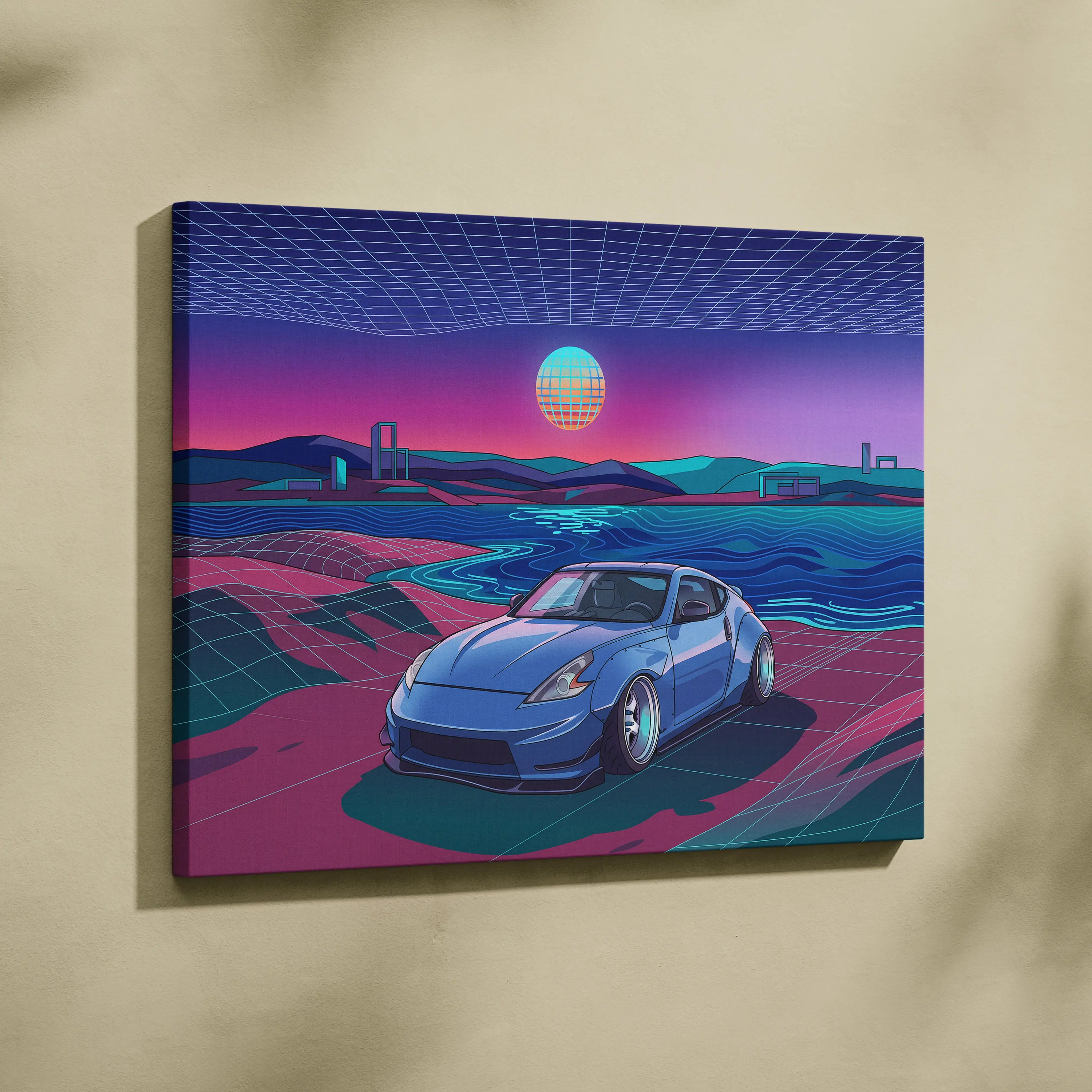 Nissan 370Z Inspired Blue Pink Canvas Wall Art Vaporwave JDM Sports Car Artwork Neon Coastal Garage Decor Retro Futuristic Tuner Print