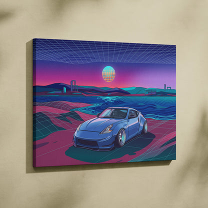 Nissan 370Z Inspired Blue Pink Canvas Wall Art Vaporwave JDM Sports Car Artwork Neon Coastal Garage Decor Retro Futuristic Tuner Print