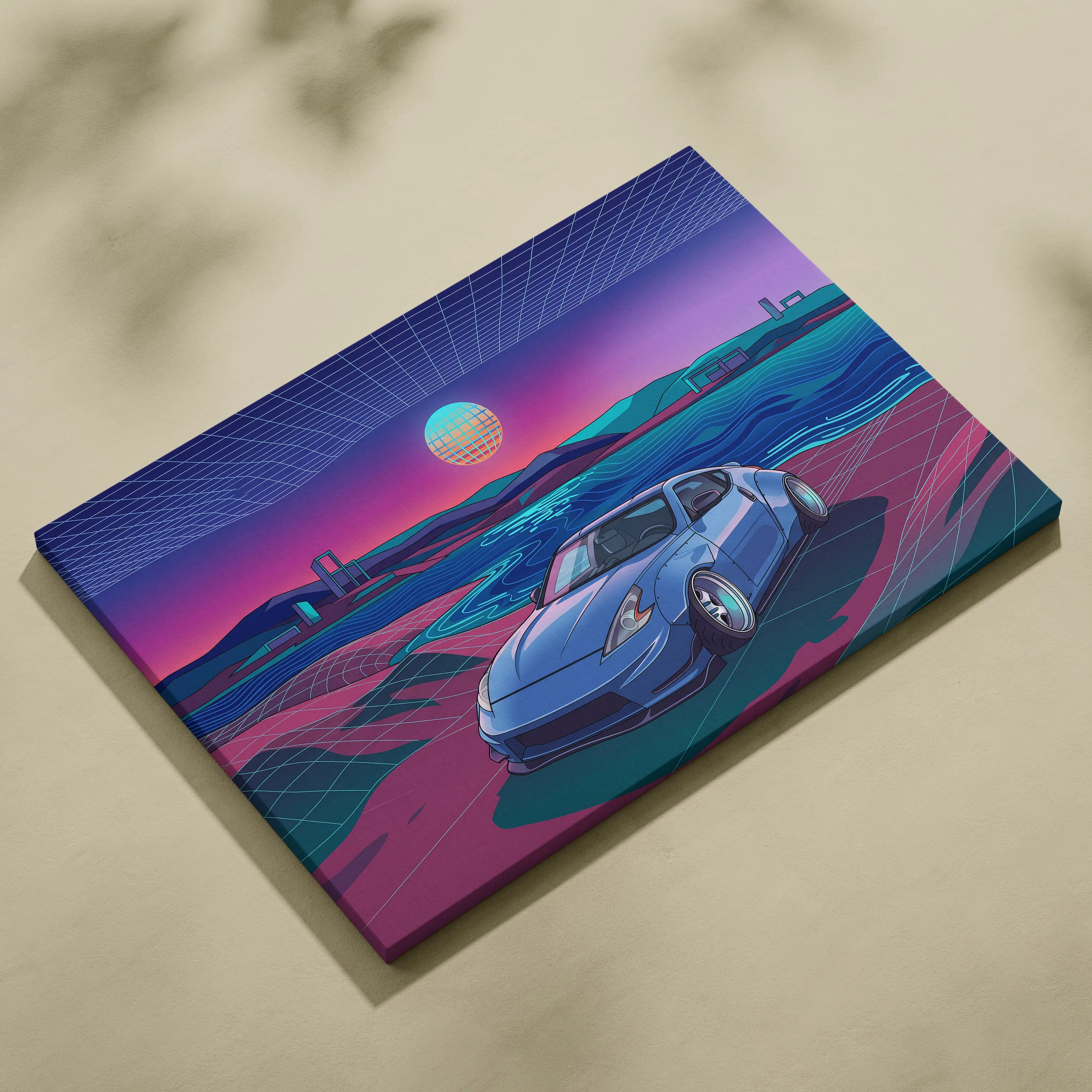 Nissan 370Z Inspired Blue Pink Canvas Wall Art Vaporwave JDM Sports Car Artwork Neon Coastal Garage Decor Retro Futuristic Tuner Print