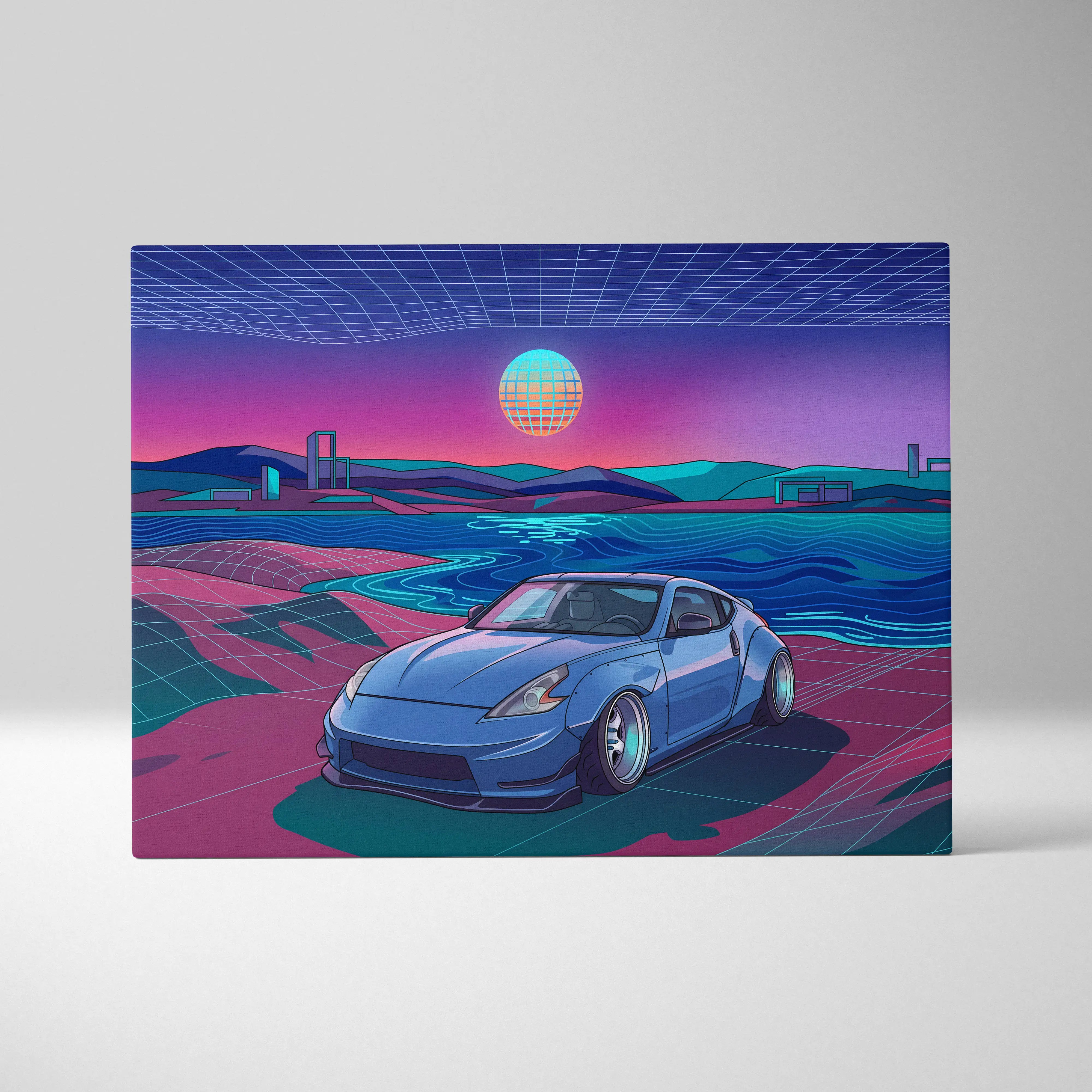 Nissan 370Z Inspired Blue Pink Canvas Wall Art Vaporwave JDM Sports Car Artwork Neon Coastal Garage Decor Retro Futuristic Tuner Print