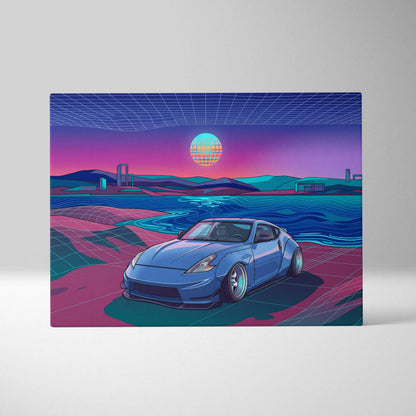 Nissan 370Z Inspired Blue Pink Canvas Wall Art Vaporwave JDM Sports Car Artwork Neon Coastal Garage Decor Retro Futuristic Tuner Print