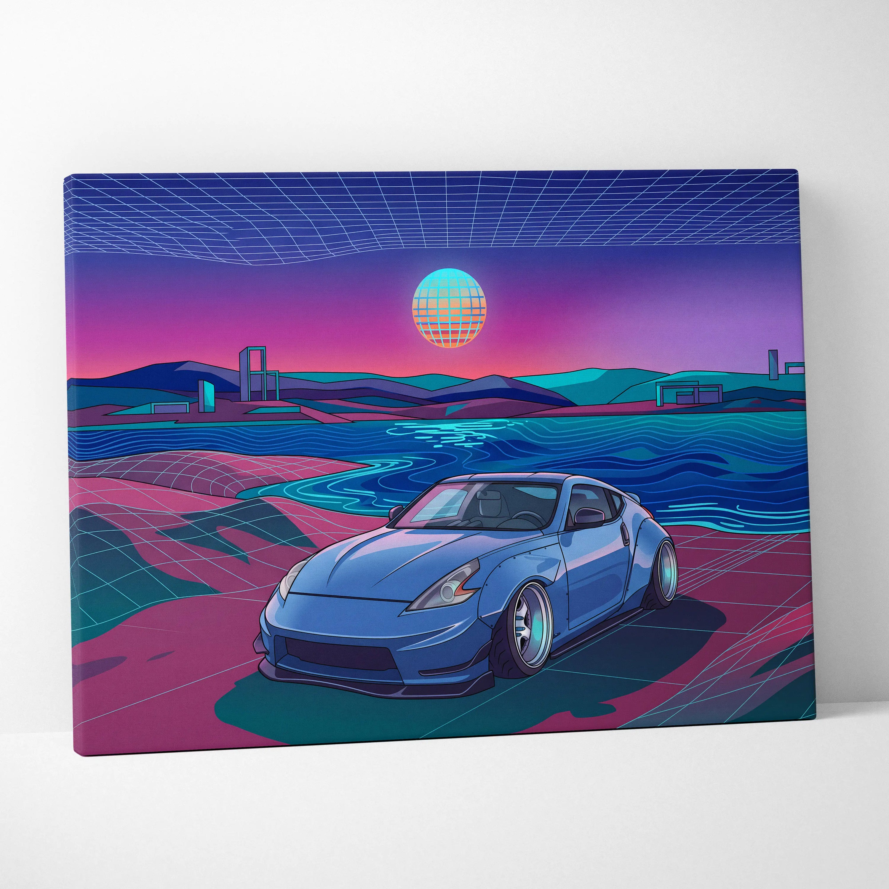 Nissan 370Z Inspired Blue Pink Canvas Wall Art Vaporwave JDM Sports Car Artwork Neon Coastal Garage Decor Retro Futuristic Tuner Print