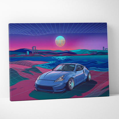Nissan 370Z Inspired Blue Pink Canvas Wall Art Vaporwave JDM Sports Car Artwork Neon Coastal Garage Decor Retro Futuristic Tuner Print
