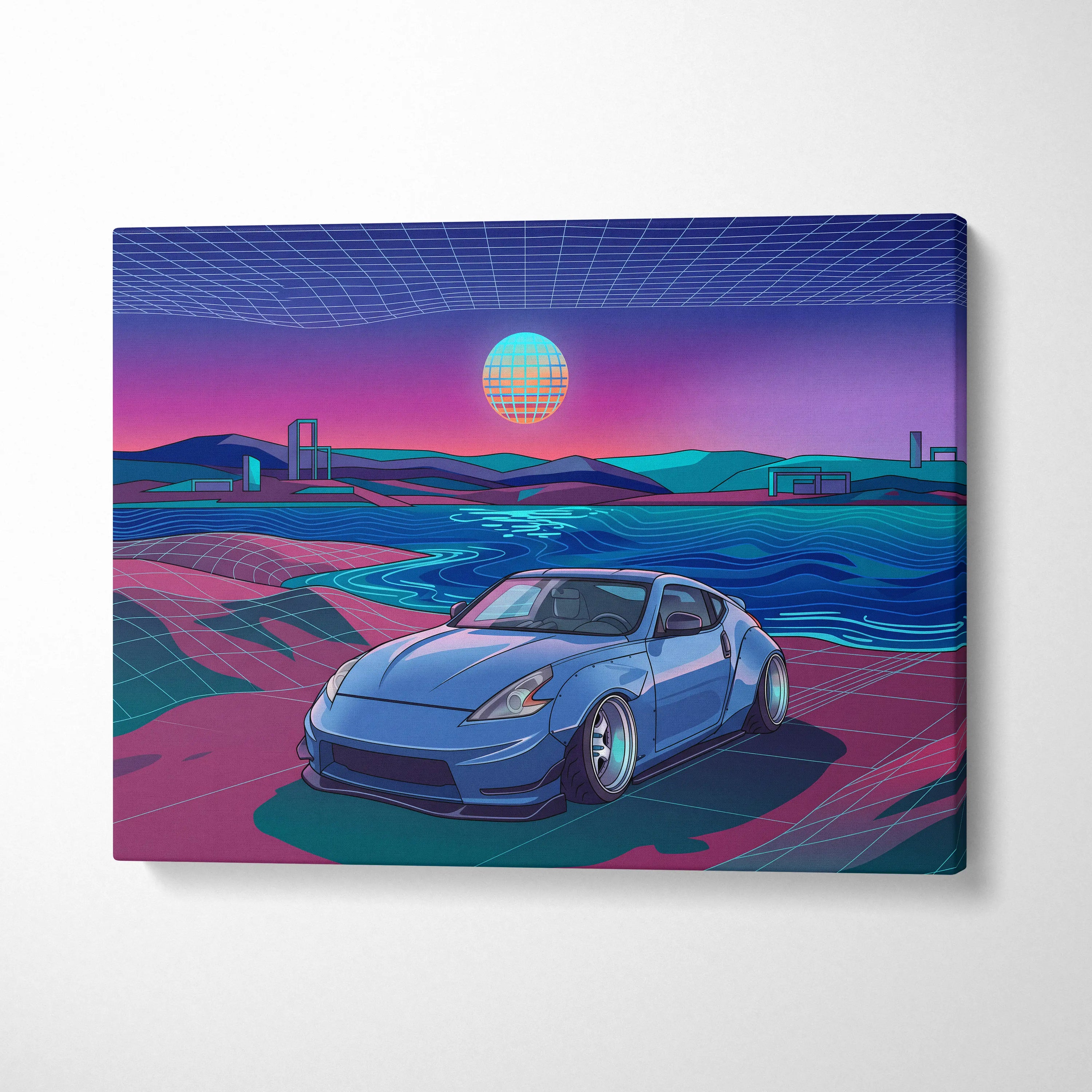 Nissan 370Z Inspired Blue Pink Canvas Wall Art Vaporwave JDM Sports Car Artwork Neon Coastal Garage Decor Retro Futuristic Tuner Print