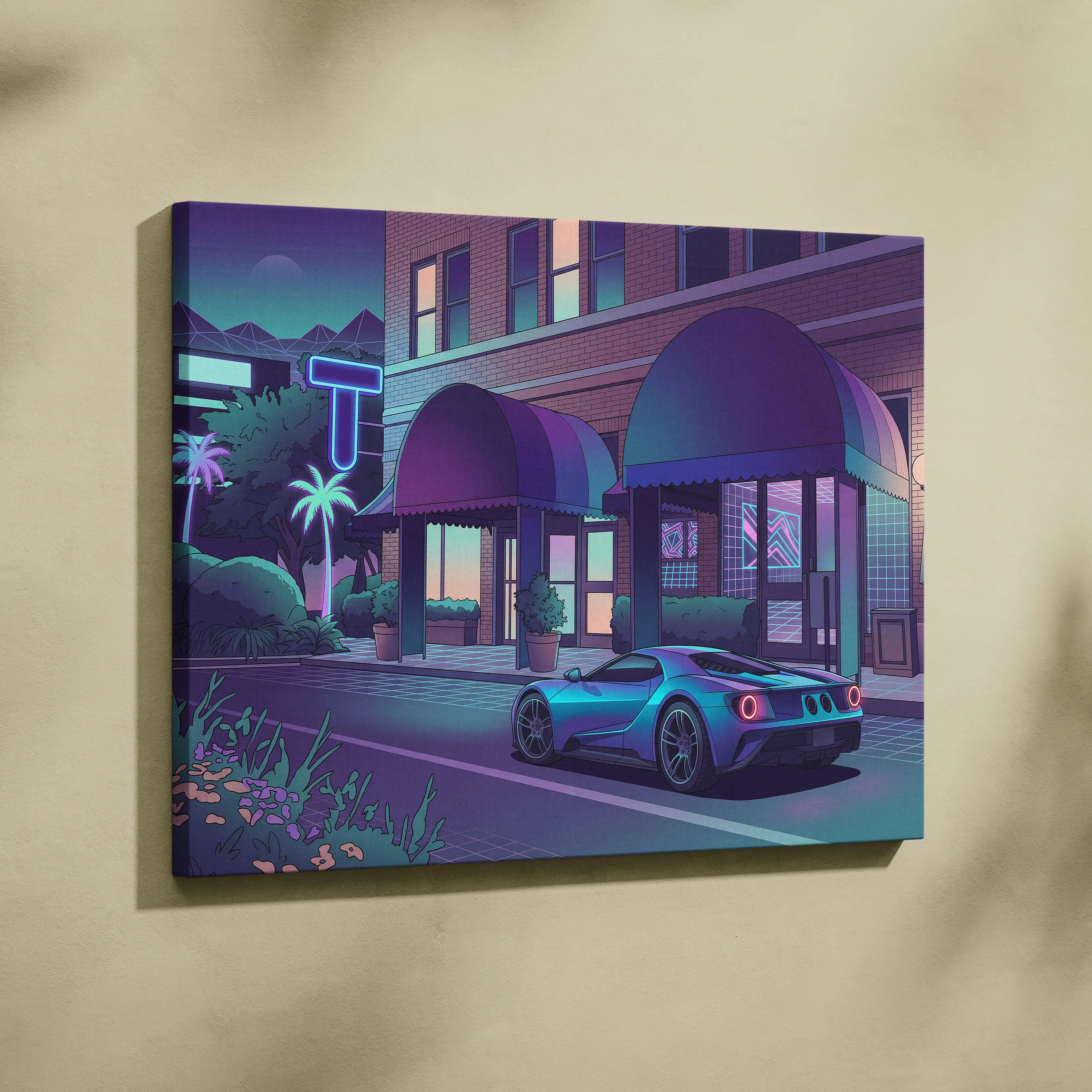 Ford GT Inspired Blue Purple Canvas Wall Art Vaporwave Supercar Artwork Neon Hotel Street Garage Decor Retro Futuristic City Print
