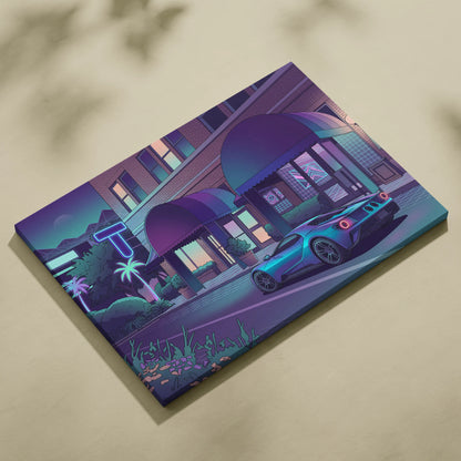 Ford GT Inspired Blue Purple Canvas Wall Art Vaporwave Supercar Artwork Neon Hotel Street Garage Decor Retro Futuristic City Print