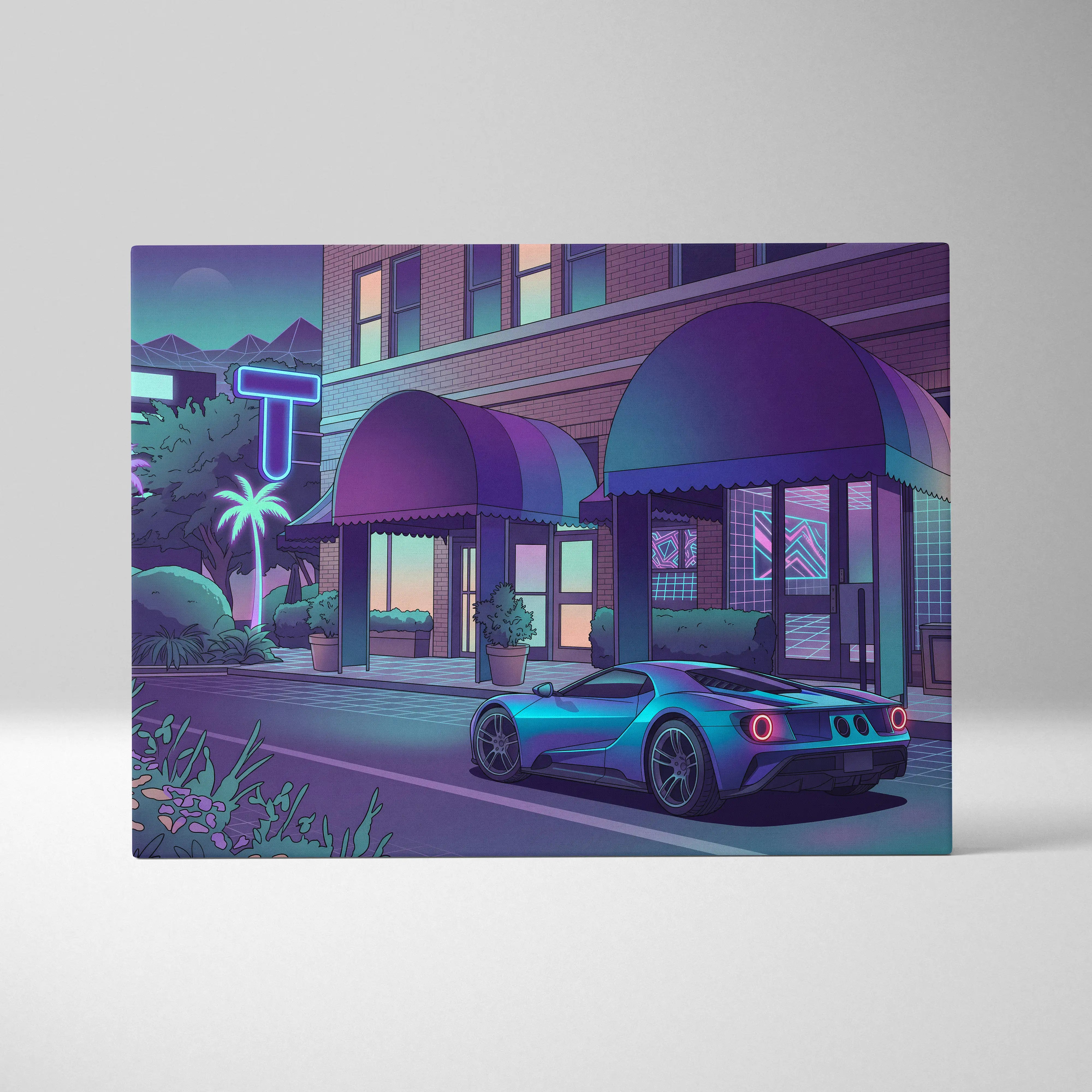 Ford GT Inspired Blue Purple Canvas Wall Art Vaporwave Supercar Artwork Neon Hotel Street Garage Decor Retro Futuristic City Print