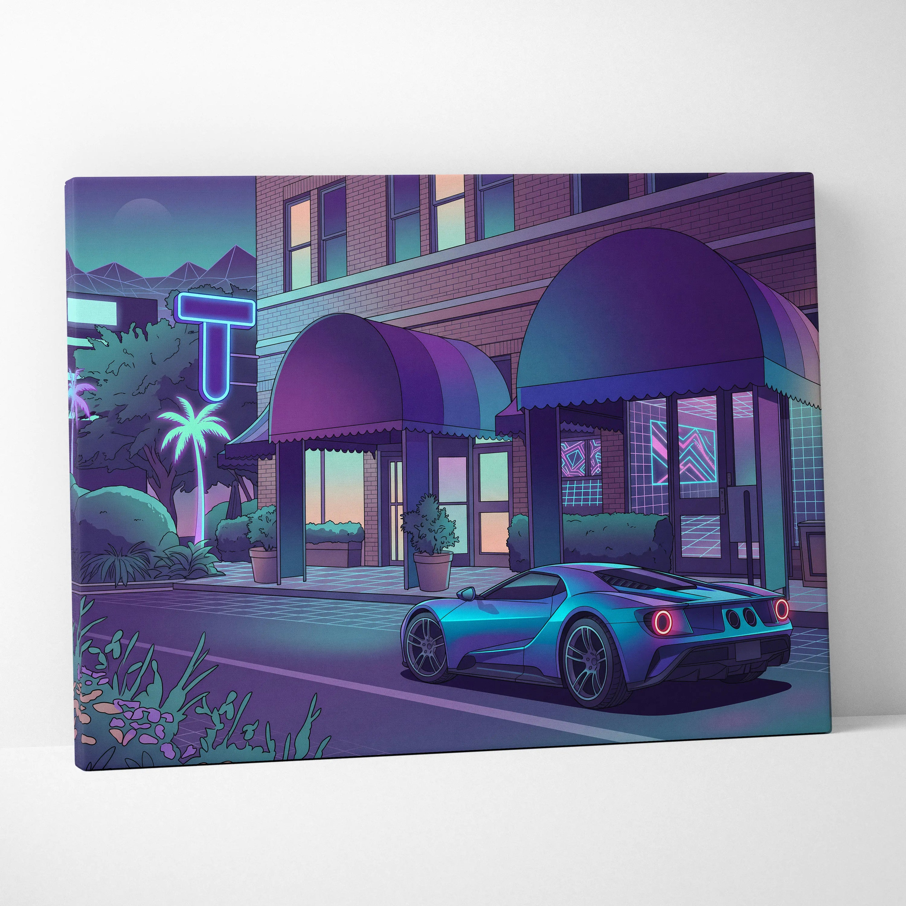 Ford GT Inspired Blue Purple Canvas Wall Art Vaporwave Supercar Artwork Neon Hotel Street Garage Decor Retro Futuristic City Print